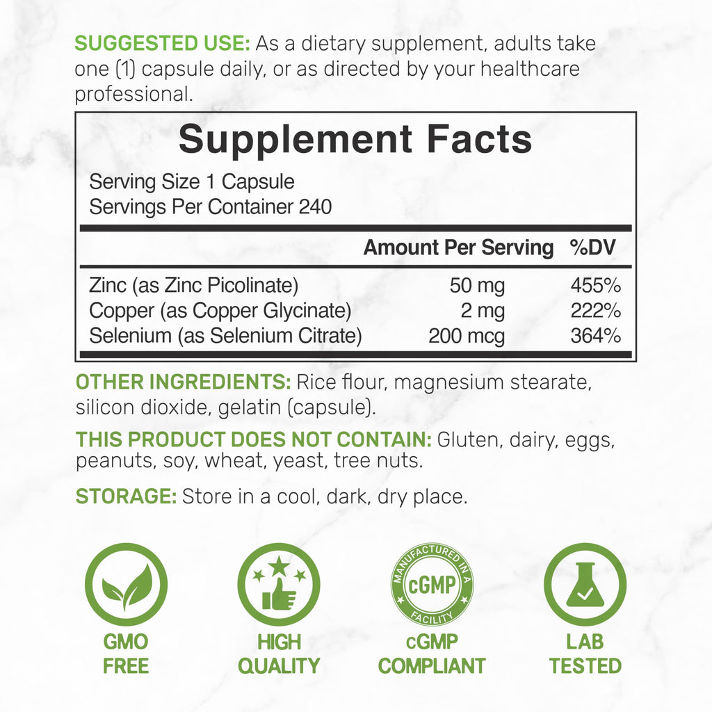 Zinc Picolinate 50mg with Copper & Selenium, 240 Capsules | 3-in-1 High Absorption Mineral Complex | Chelated Zinc Supplement for Immune Support* | 8 Month Supply