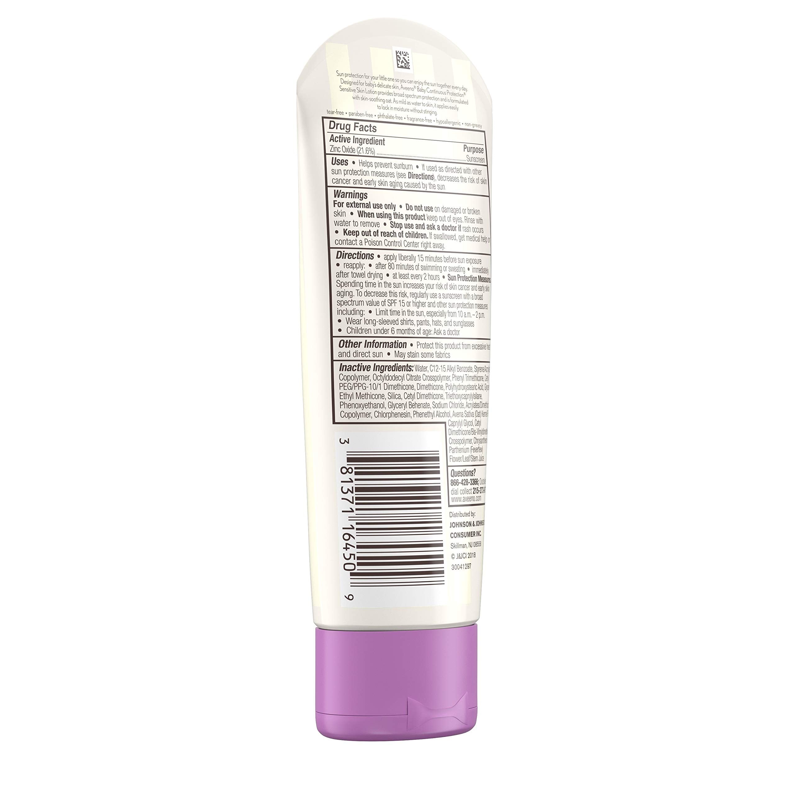 Aveeno Baby Continuous Protection Zinc Oxide SPF 50 Sunscreen for Babies with Sensitive Skin, Broad Spectrum Sun Protection, Tear-Free, Sweat- & Water-Resistant, No added Parabens, 3 Fl Oz