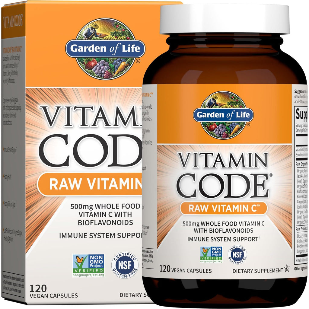 Garden of Life Vitamin Code Raw Vitamin-C, 500mg Whole Food VIT-C Capsules + Fruit & Veggie Blend & Probiotics, Supplements for Adults, Vegan, Gluten Free, 120 Capsules, (Pack of 6)