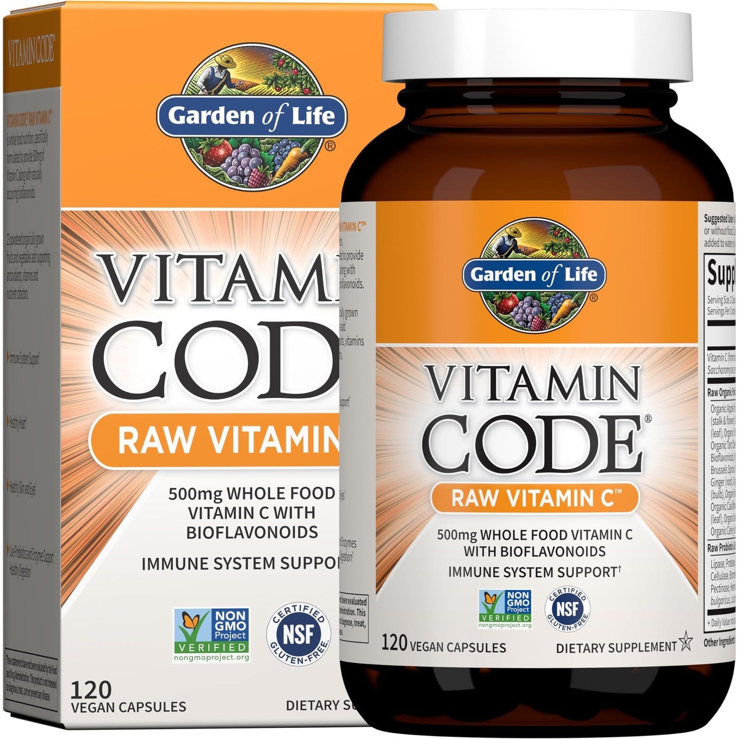 Garden of Life Vitamin Code Raw Vitamin-C, 500mg Whole Food VIT-C Capsules + Fruit & Veggie Blend & Probiotics, Supplements for Adults, Vegan, Gluten Free, 120 Capsules, (Pack of 6)