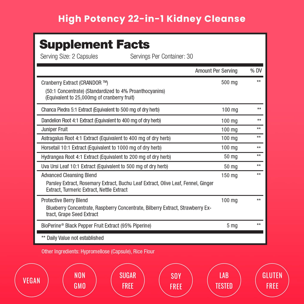 NutraChamps Kidney Cleanse Detox | 22-in-1 Kidney Support Supplement | Cranberry Pills Extract | Extra Strength & Flush Premium Formula | Urinary Tract Health for Women & Men | 60 Vegan Capsules