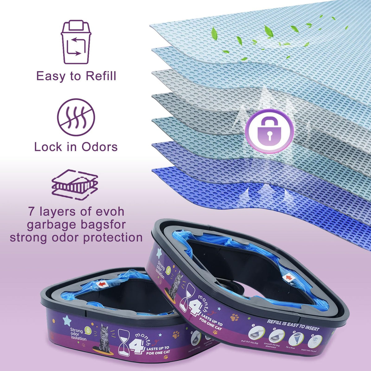 4 Pack Cat Litter Refills Bags Jumbo 28FT Cartridge Odor Control