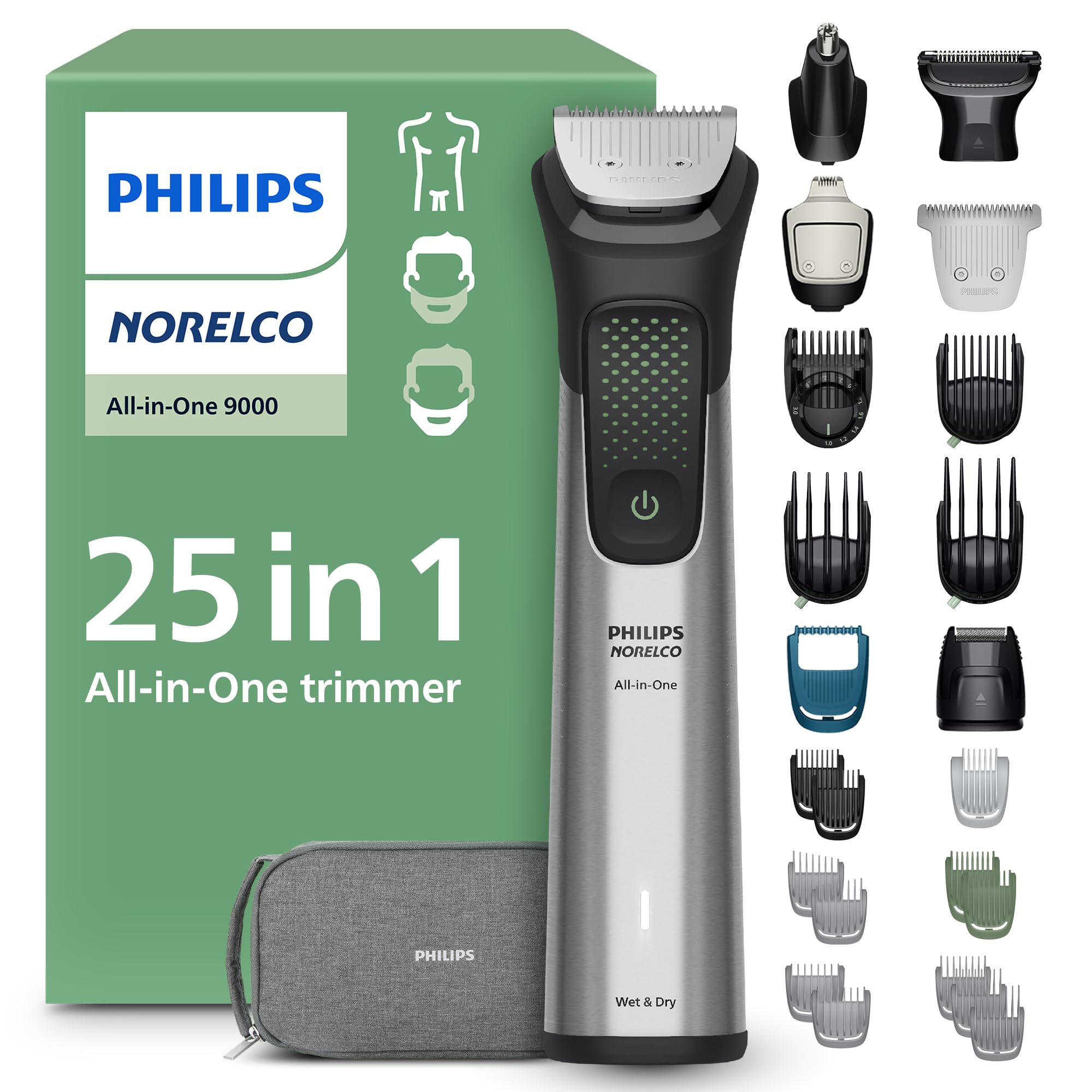Norelco Philips All-in-One 9000 23-in-1 Trimmer, Face, Hair & Body, Steel | Beard Styler, Nose, Detail Trimmer, Body Shaver, Hair Clipper, Steel Blades, 29 lengths, 6-Hr Runtime, Showerproof, MG9575/49