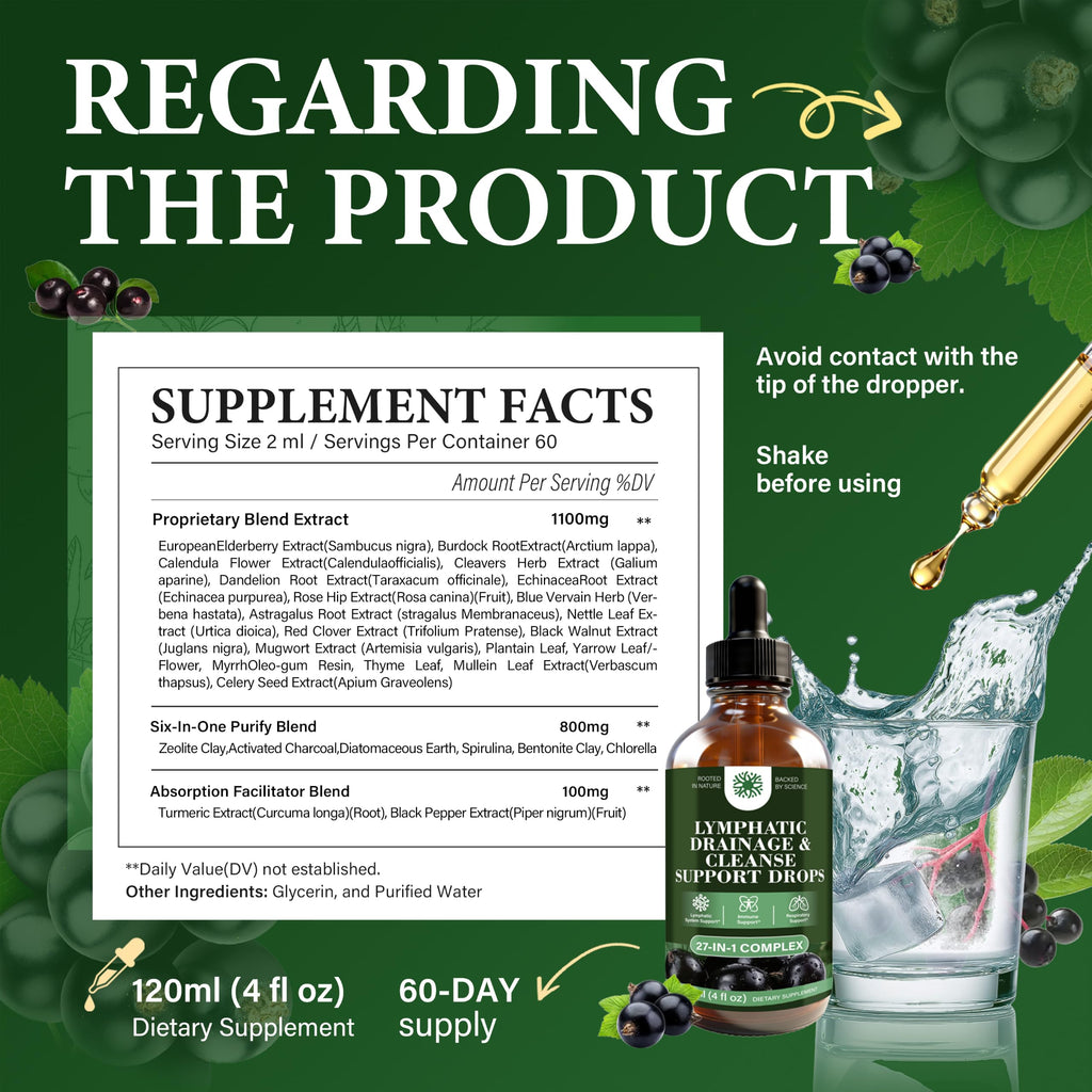 Lymphatic Drainage & Cleanse Support Drops, 27-in-1 Herbal, 4 Fl Oz