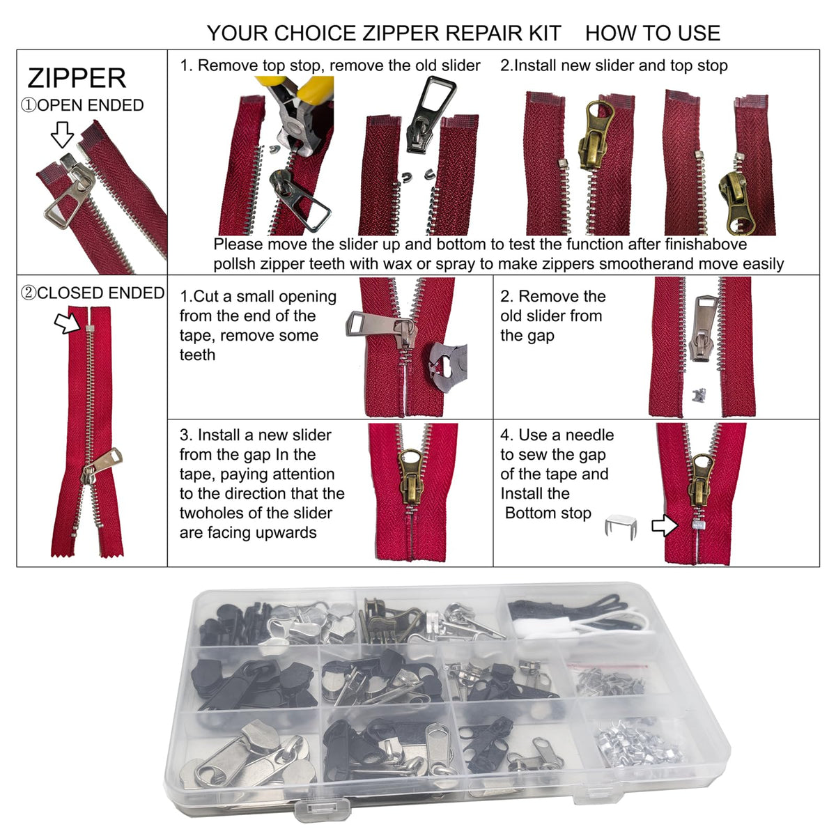 254 Pcs Zipper Repair Kit with Case Include Zipper Replacement and Pull, Universal Zippers Replacement kit for Cloting, Jackets, Coat, Boot, Backpack, Purse and Outdoor Gear
