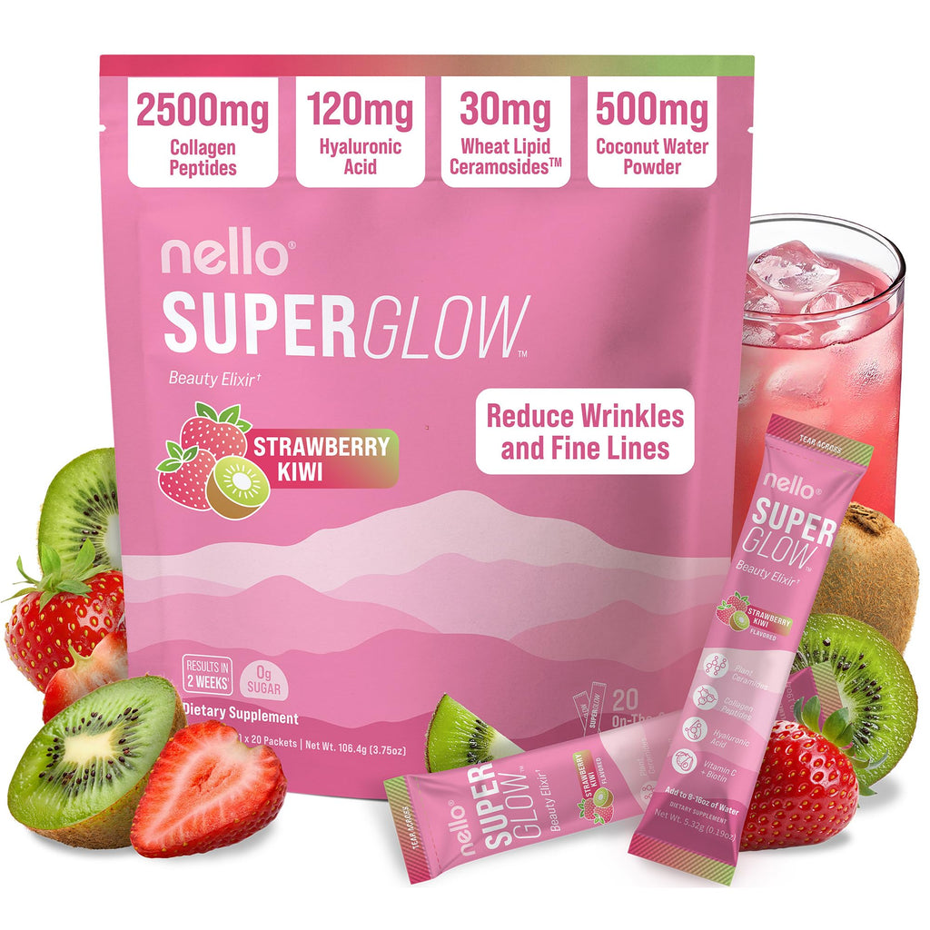 Nello Superglow Powdered Drink Mix, Skin Hydration, Glow & Hair Support, Collagen Peptides, Hyaluronic Acid, Ceramosides, Biotin & Vitamin C, 20 Stick Packs (Paradise Pear)