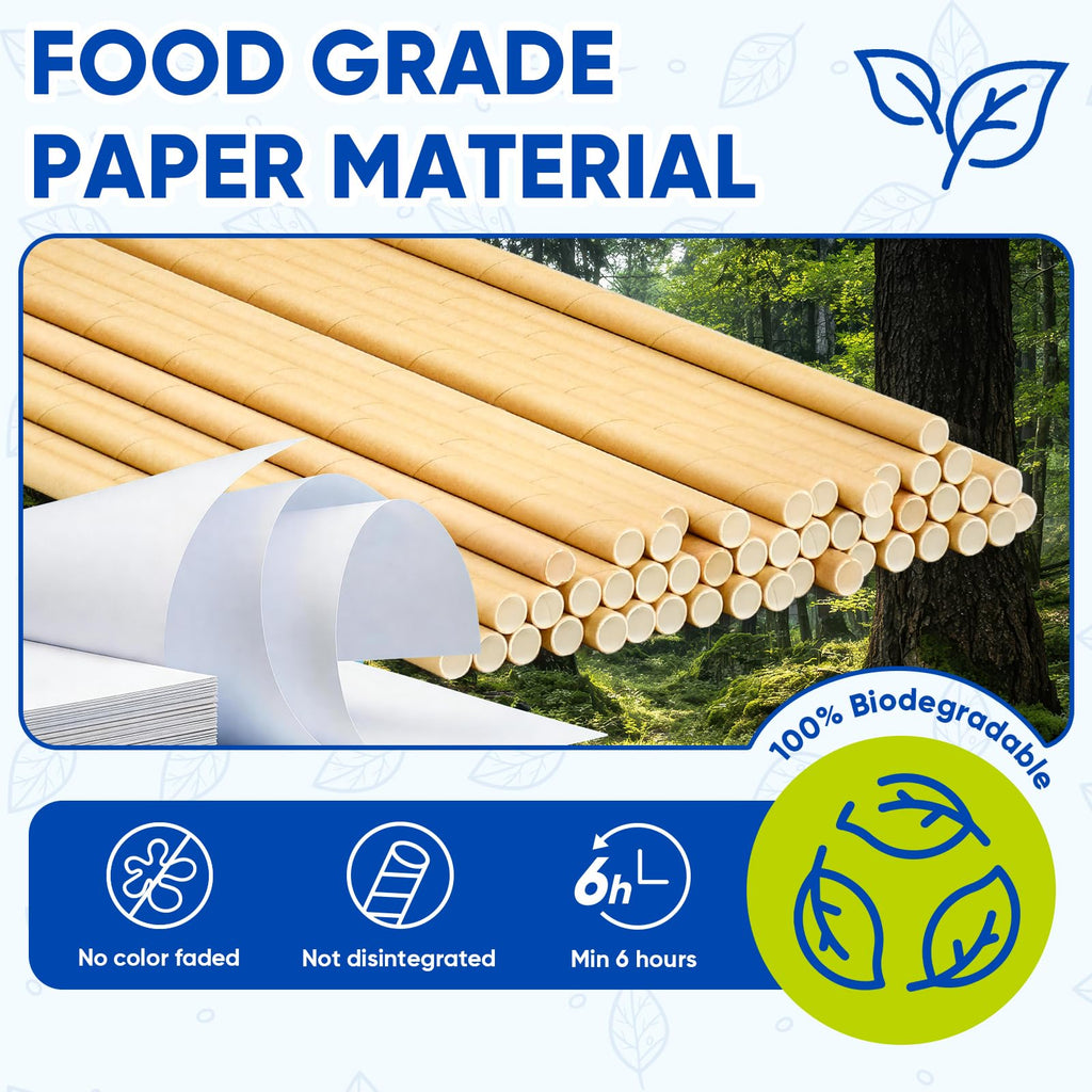 [300 Pack] Brown Paper Straws 7.75" Compostable Drinking Straws Disposable