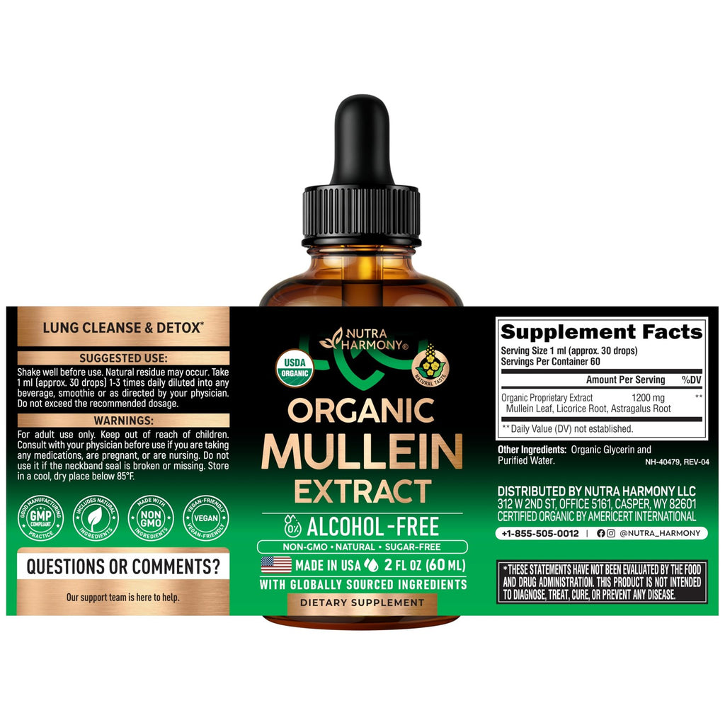 Mullein Drops for Lungs - USDA Organic Mullein Leaf Extract Liquid - 2 oz | Respiratory Health Support for Women & Men - Lung & Bronchial Cleanse for Smokers - As Tincture, Tea, Pills