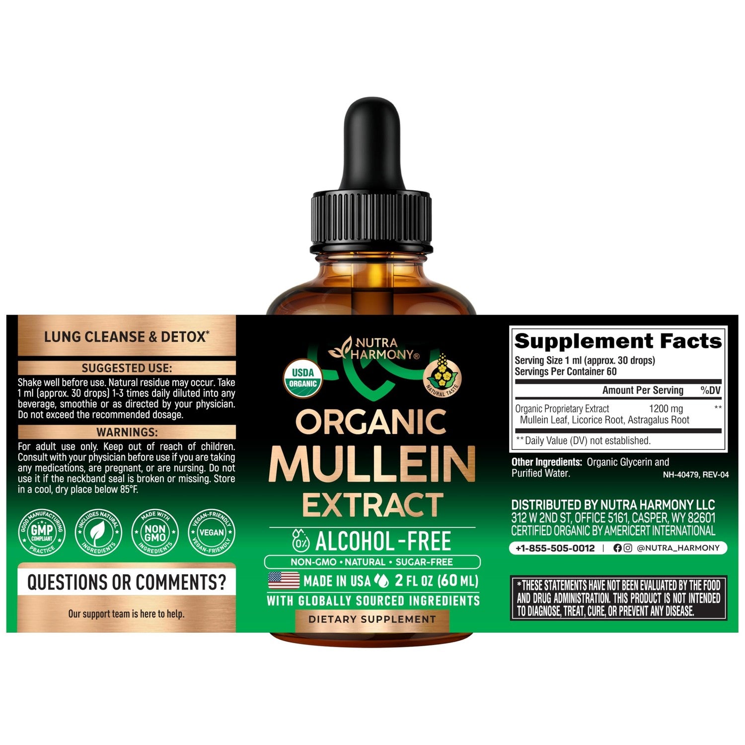 Mullein Drops for Lungs - USDA Organic Mullein Leaf Extract Liquid - 2 oz | Respiratory Health Support for Women & Men - Lung & Bronchial Cleanse for Smokers - As Tincture, Tea, Pills