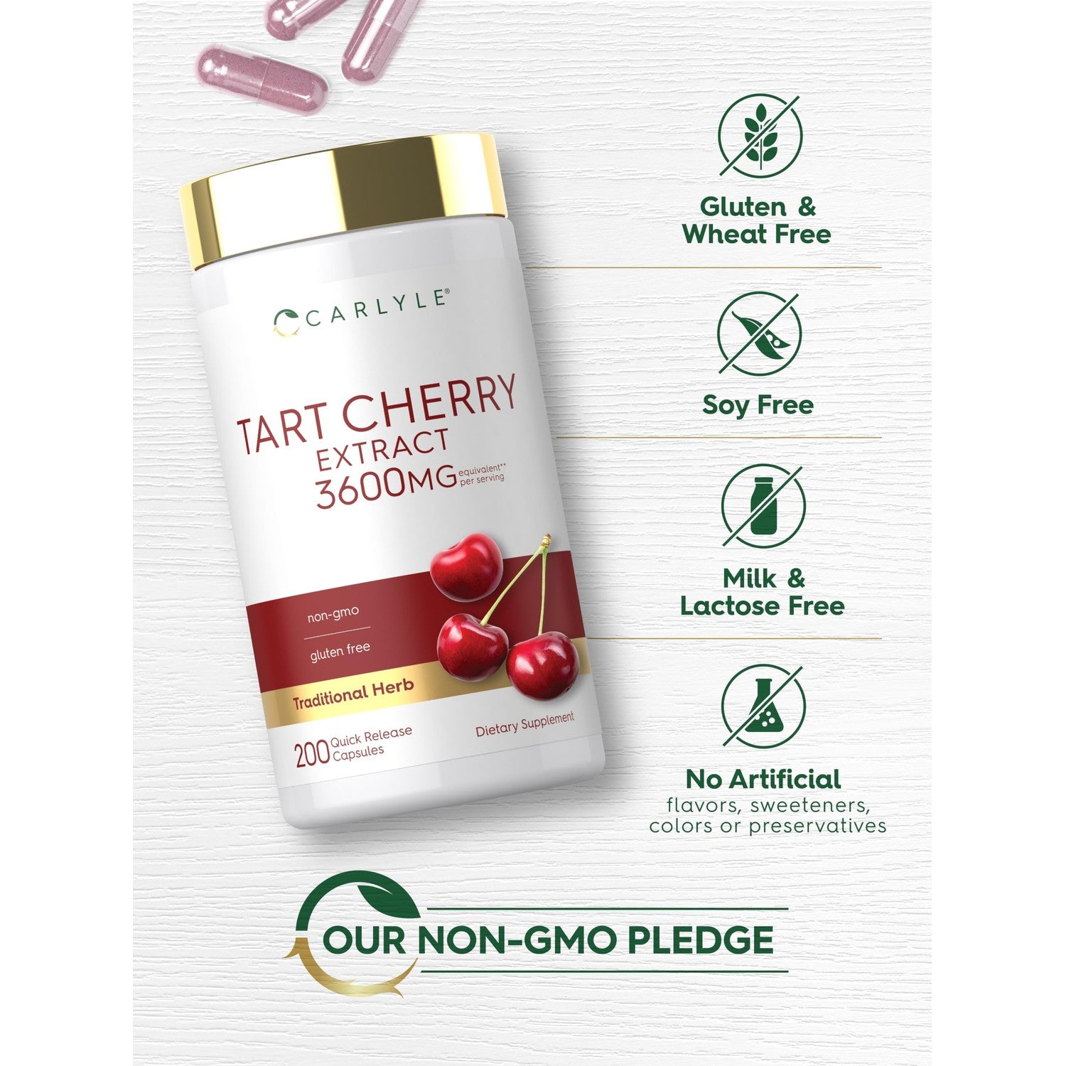 Carlyle Tart Cherry Extract Capsules | 200 Count | Non-GMO and Gluten Free Formula | Traditional Herb Supplement
