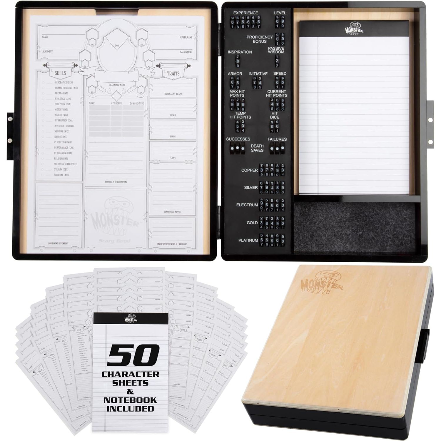 Buy now Monster Wooden Deluxe DND Stat Tracker Case- Compatible with Dungeons and Dragons- Record RPG Character Notes, Attacks, Abilities- Felt Dice Rolling Tray, Notebook, 50 Character Sheets for Gameplay Light Finish at indiglob india