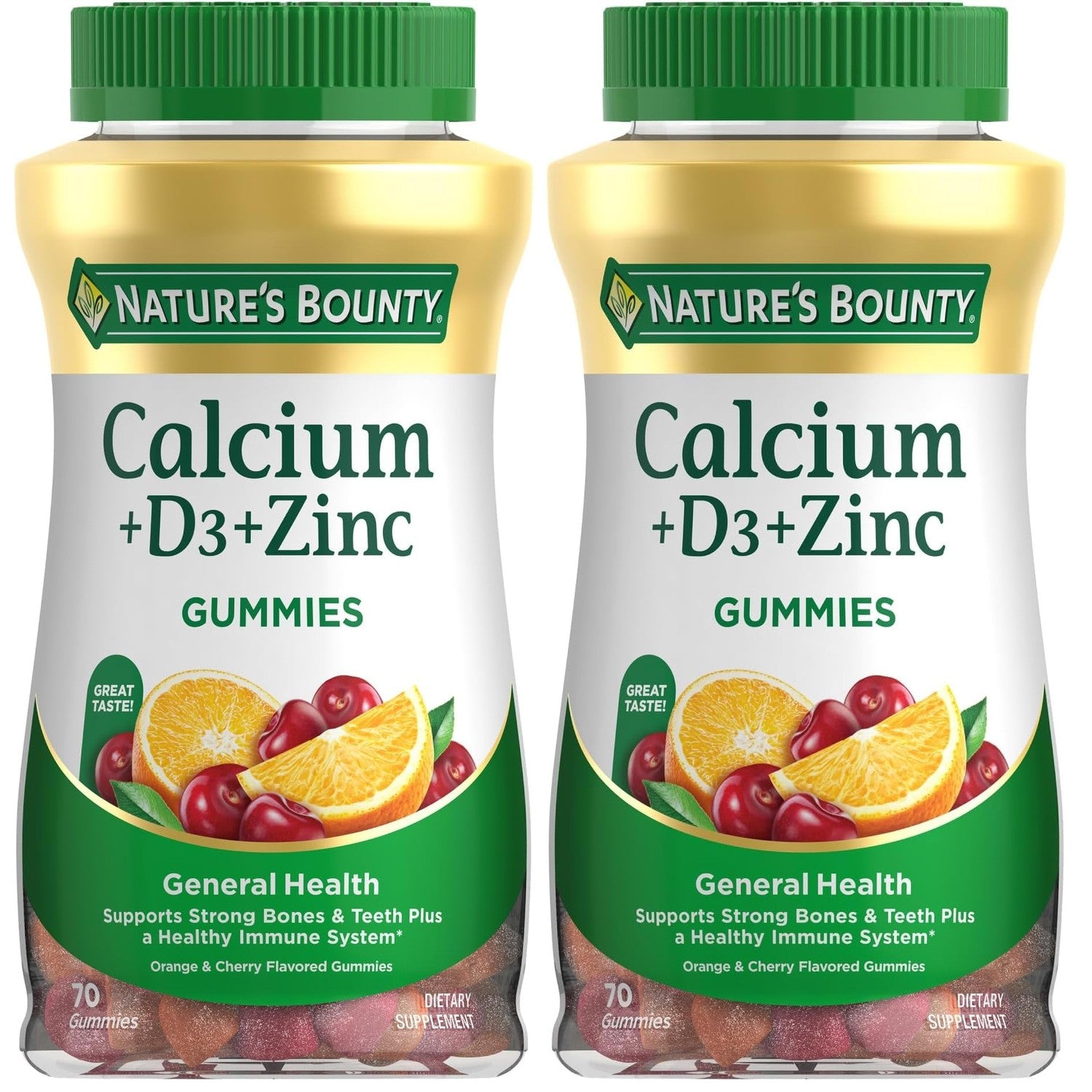 Nature's Bounty Calcium + D3 + Zinc Gummies, 500mg, 70ct | Orange & Cherry, Supports Strong Bones & Teeth, Healthy Immune System