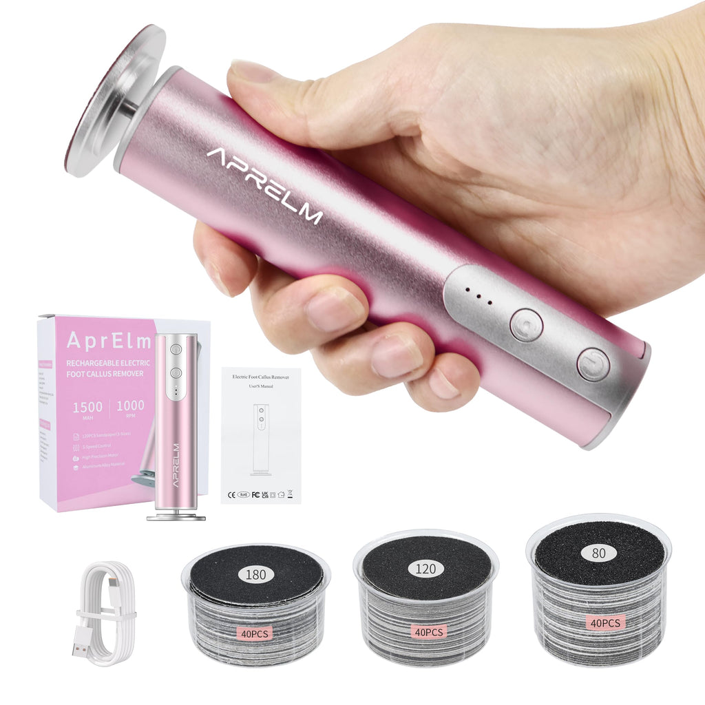APRELM Rechargeable Electric Foot Callus Remover with 3-Sizes 120Pcs Sandpaper Discs, Professional 900RPM 3-Speed Control Aluminum Electric Foot File for Dead Skin (E3 Rose Pink)