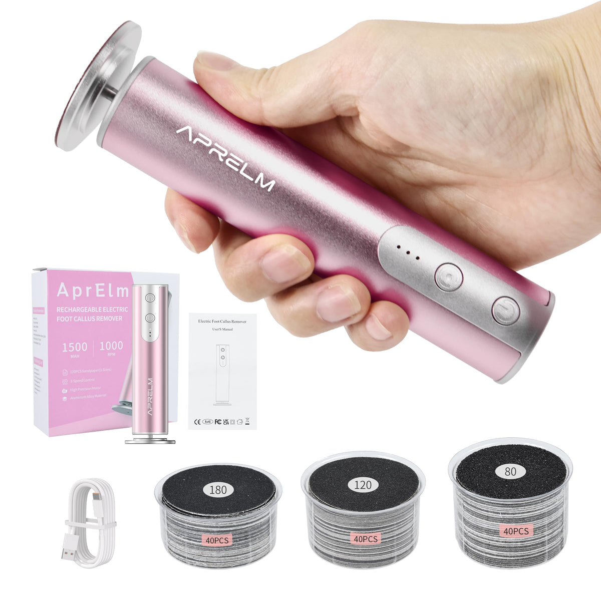 APRELM Rechargeable Electric Foot Callus Remover with 3-Sizes 120Pcs Sandpaper Discs, Professional 900RPM 3-Speed Control Aluminum Electric Foot File for Dead Skin (E3 Rose Pink)