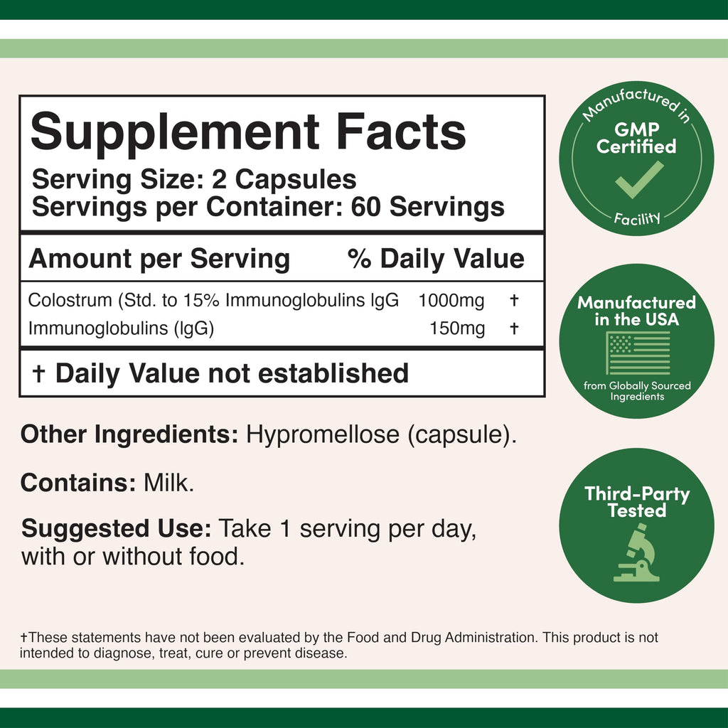 Bovine Colostrum 400mg, Grass-Fed, Immunity + Gut Support, 120 Capsules | Colostrum Powder, Supports Gut Health + Digestive Comfort, Healthy Skin + Hair, 15% IgG, 2 Month Supply, Third-Party Tested