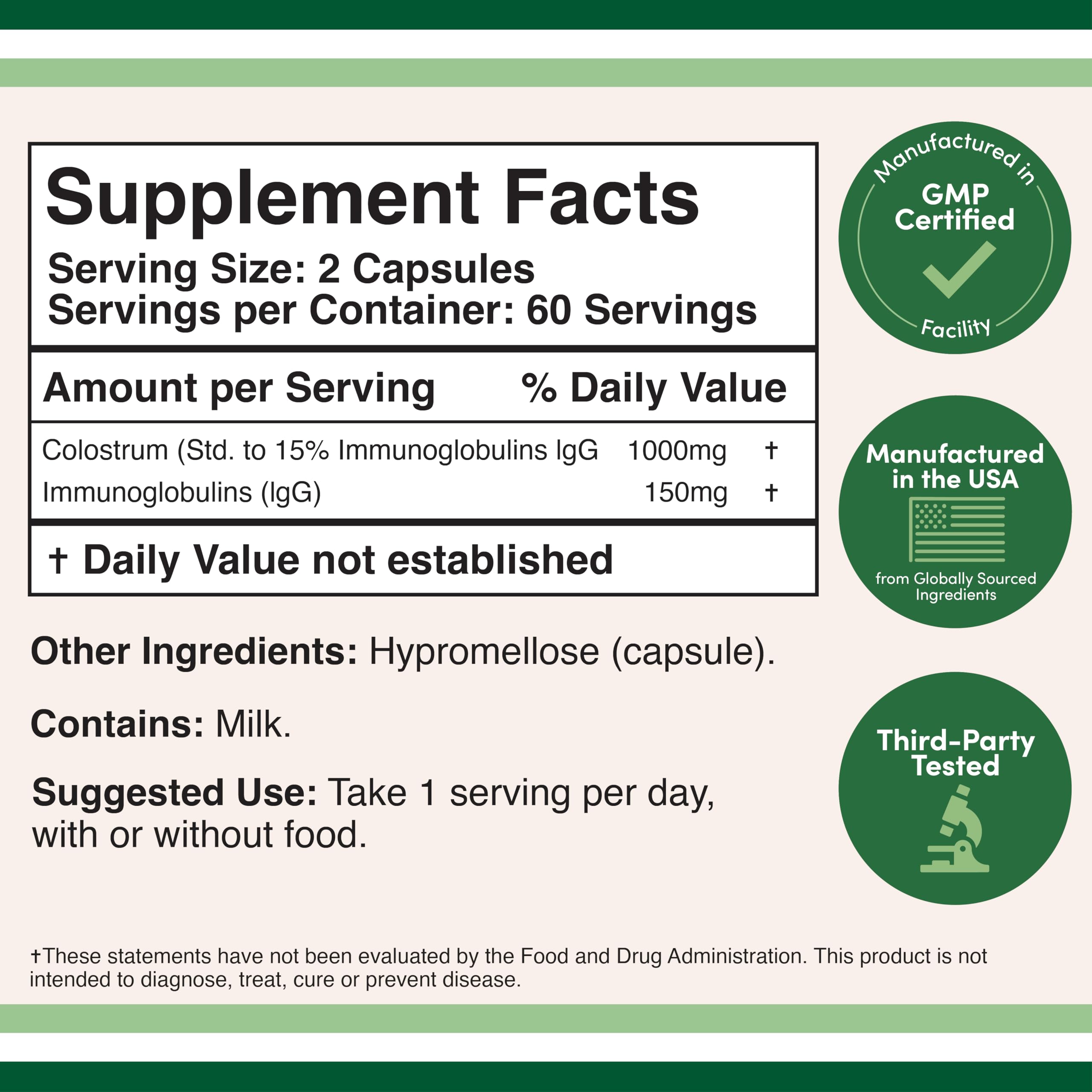 Bovine Colostrum 400mg, Grass-Fed, Immunity + Gut Support, 120 Capsules | Colostrum Powder, Supports Gut Health + Digestive Comfort, Healthy Skin + Hair, 15% IgG, 2 Month Supply, Third-Party Tested