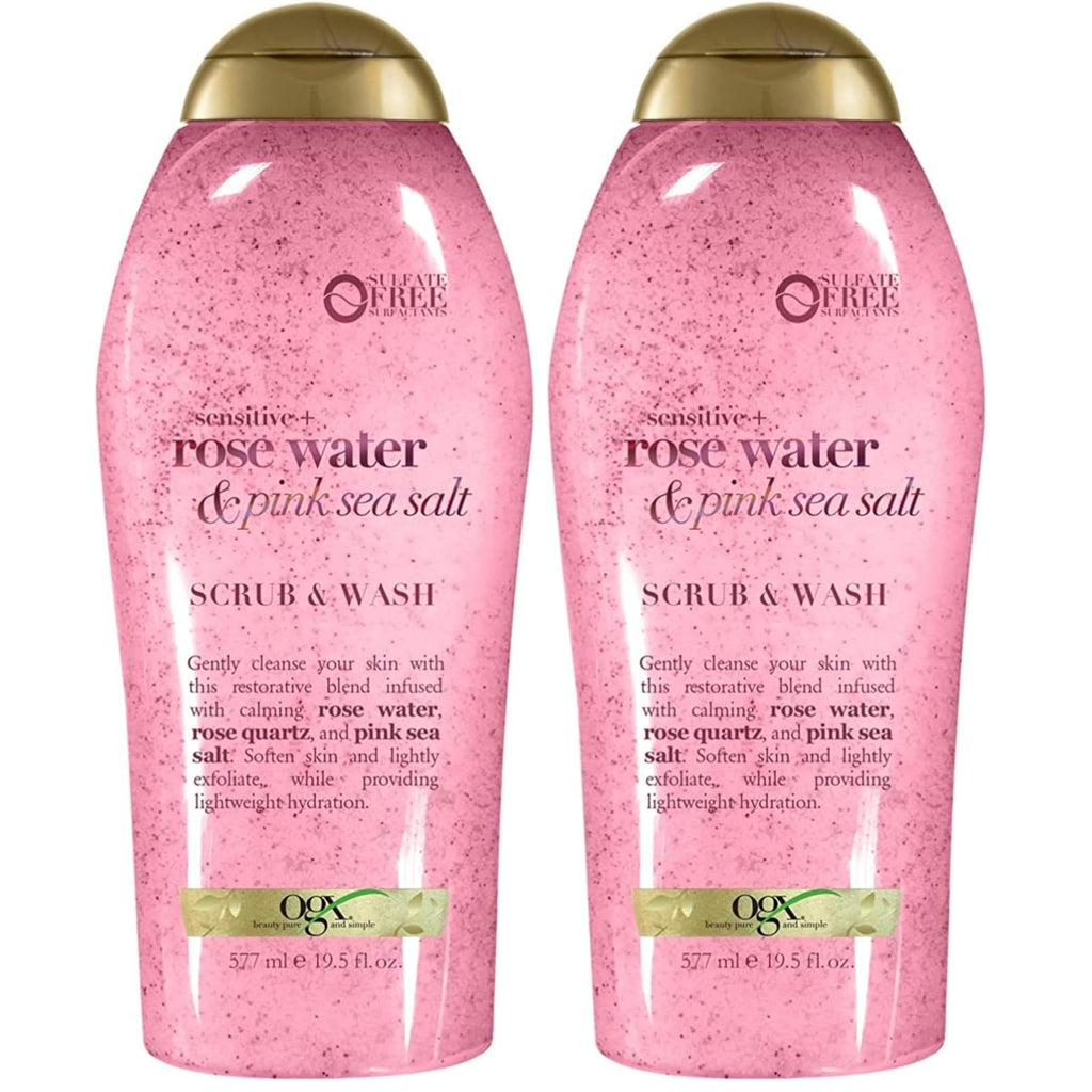 OGX Sensitive + Rose Water & Pink Sea Salt Body Scrub, 19.5 fl oz | Gentle Exfoliating Daily Body Wash, Rose Quartz, Softens Skin, Sulfate-Free Surfactants