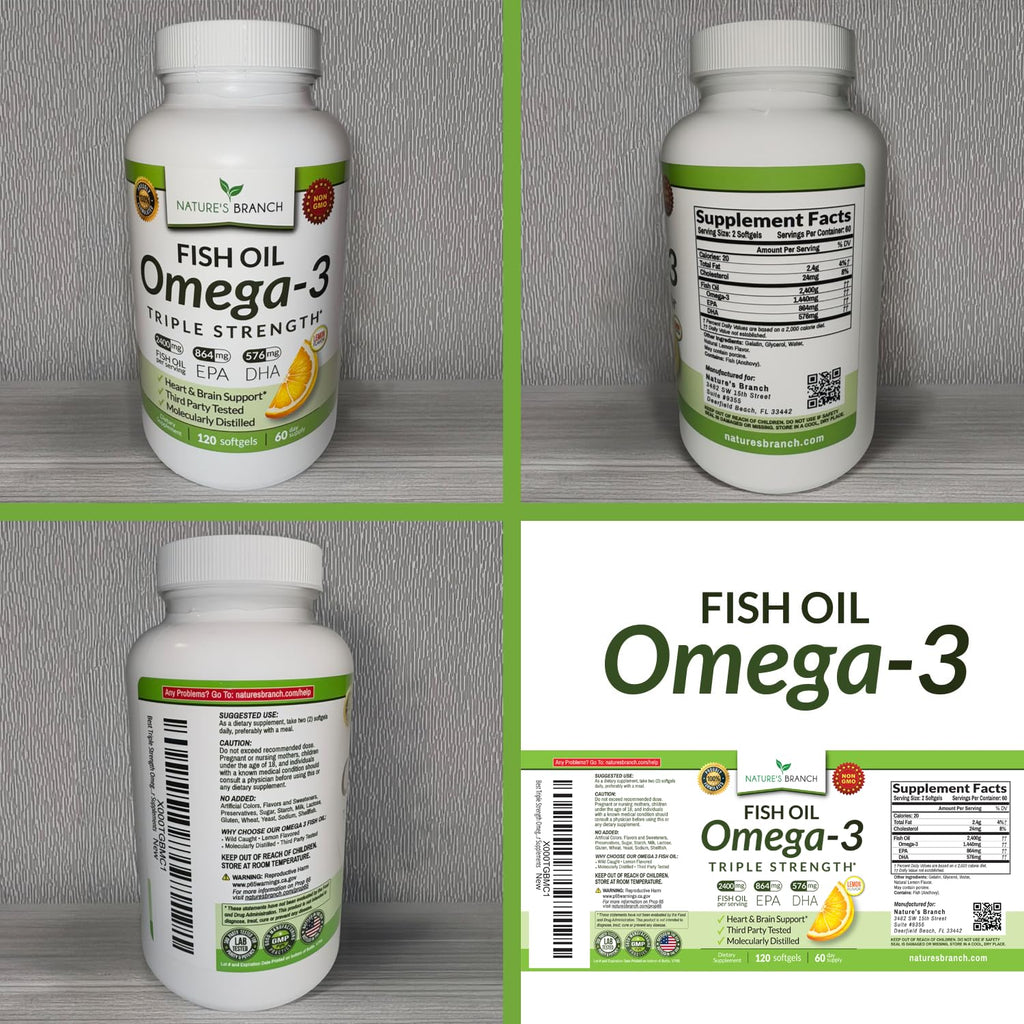 Triple Strength Omega 3 Fish Oil for Heart Health, Brain & Eyes – Burpless | High EPA & DHA Fish Oil for Men & Women, Lemon Flavor, Third Party Tested, Omega 3 Supplements for Joints – 120 Capsules
