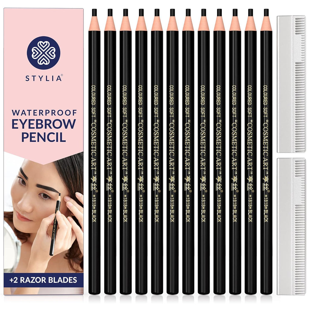 Buy now Stylia Waterproof Eyebrow Pencils For Women â€“ Long-Lasting Microblading Supplies Brow Pencil, Perfect for Eyebrow Shaper, Filling & Defining Natural-Looking Brow - (12PC Black) Black at indiglob india