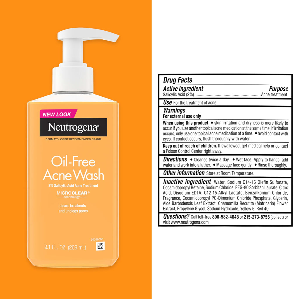 Neutrogena Oil Free Acne Face Wash, 9.1 fl. oz, 3 Pack | Salicylic Acid, Noncomedogenic, Residue-Free Facial Cleanser, Suitable for Oily Skin, Easy-Pump Bottles