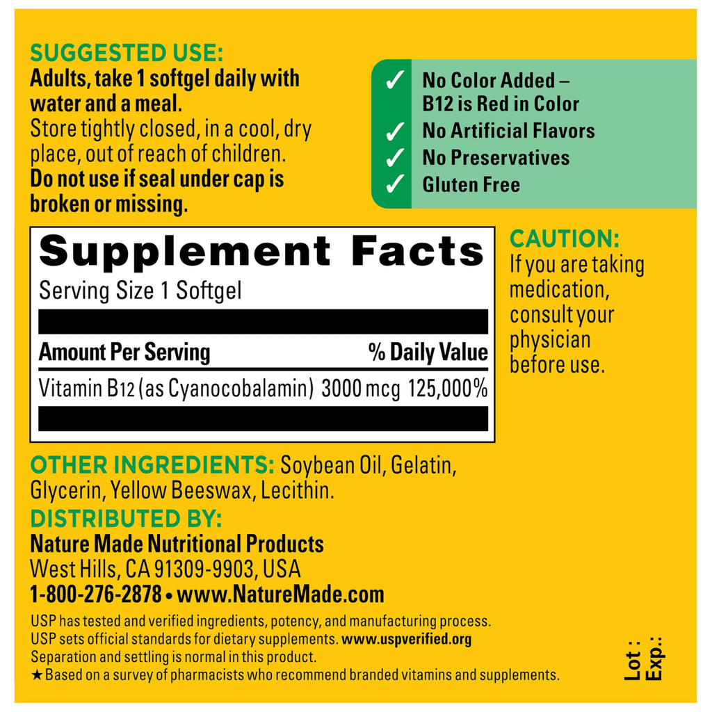 Nature Made Vitamin B12 Extra Strength 3000 mcg Softgels, 60 Softgels | B12 Vitamin Supplement for Energy Metabolism Support for Men and Women, Gluten Free, 60 Day Supply