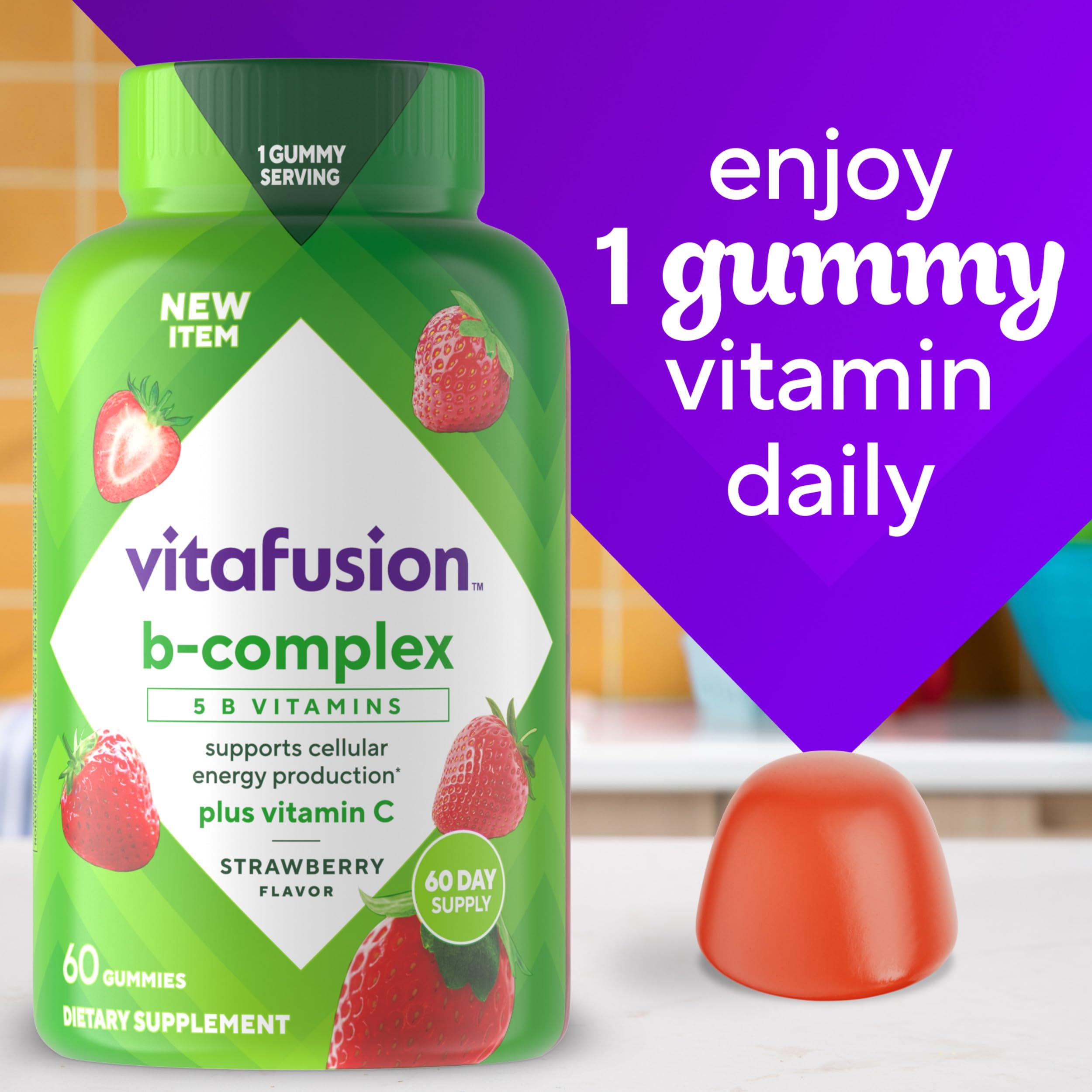 Vitafusion Vitamin B Complex for Women and Men | 60 Gummies | with Niacin, C, and Folate | Strawberry Flavor | Gluten Free Adult Gummy Supplement