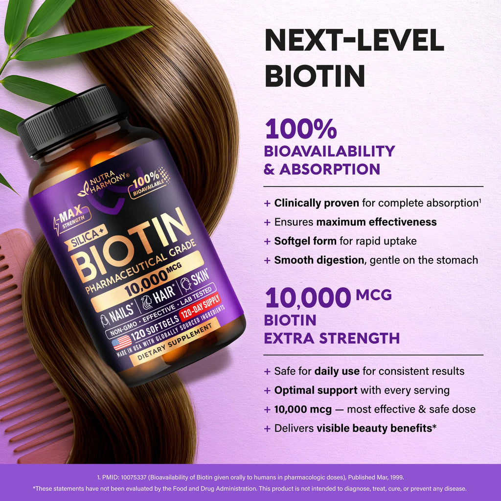 Biotin 10000mcg + Silicon - Pharmaceutical Grade Biotin - 120 Softgels | Biotin Supplement for Hair Growth Support, Skin & Nails for Women - Max Strength & 100% Bioavailability - 120-Day Supply