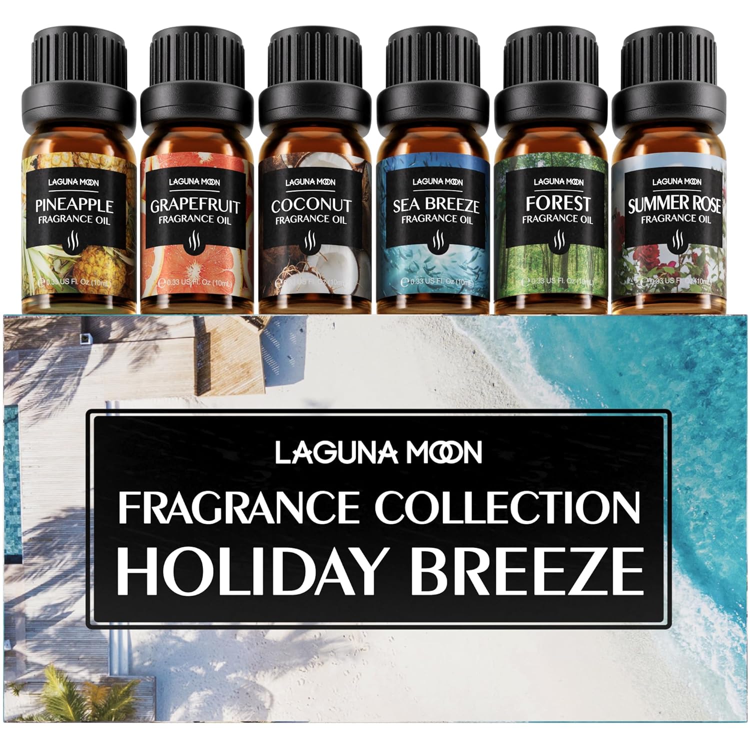 Buy now Lagunamoon Essential Oils Set - Top 6 Blends for Diffusers, Home Care, Candle Making Scents, Fragrance, Aromatherapy, Humidifiers, Gifts - Peppermint, Tea Tree, Lavender, Eucalyptus, Orange (10mL) 0.33 Fl Oz (Pack of 6) 2. Summer Beach at indiglob india