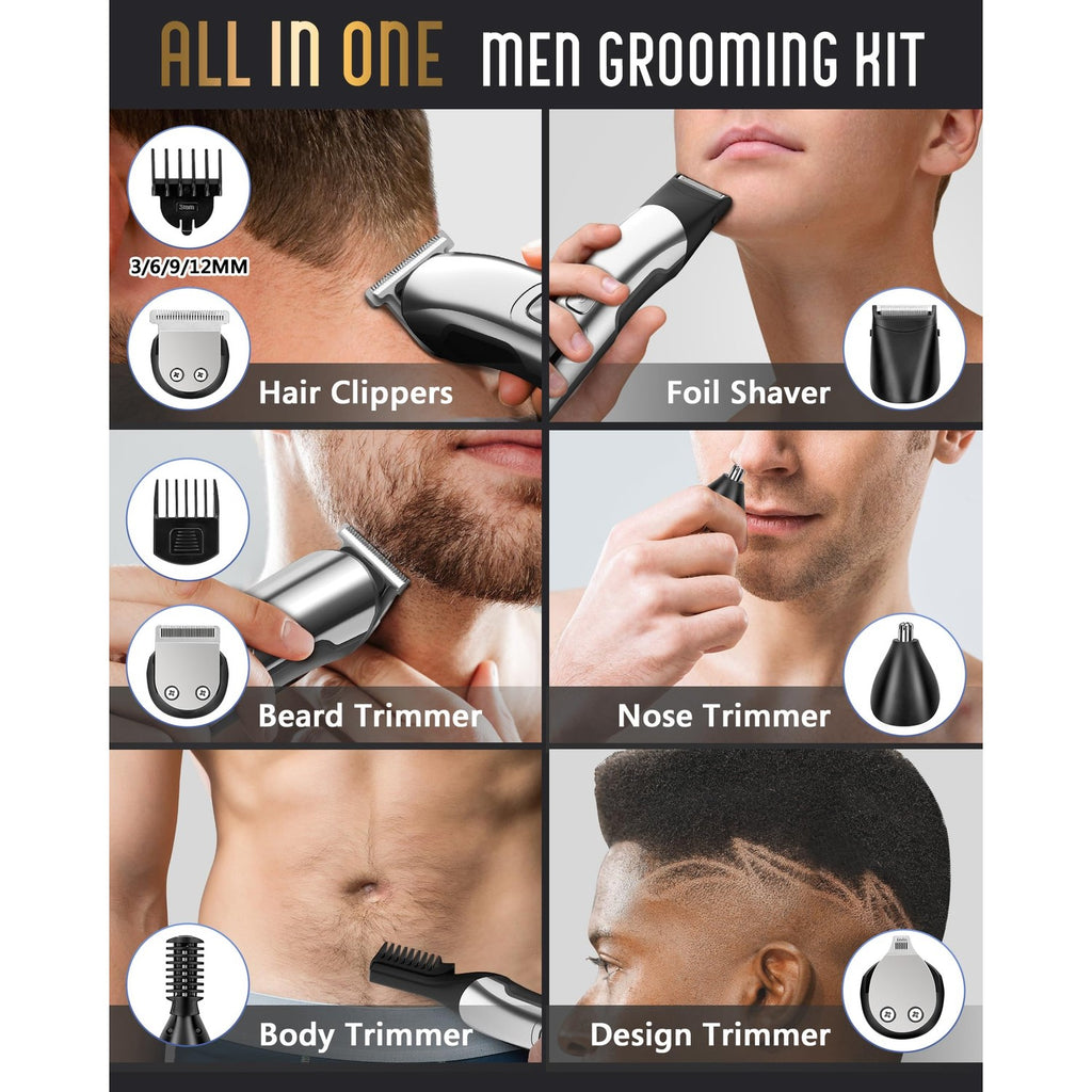 Ufree Beard Trimmer for Men, Waterproof Electric Razor, Grooming Kit | Stainless steel blades, six interchangeable heads, wet and dry use, USB rechargeable, for face body nose ear trimming, silver