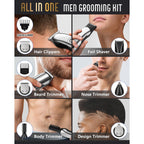 Ufree Beard Trimmer for Men, Waterproof Electric Razor, Grooming Kit | Stainless steel blades, six interchangeable heads, wet and dry use, USB rechargeable, for face body nose ear trimming, silver