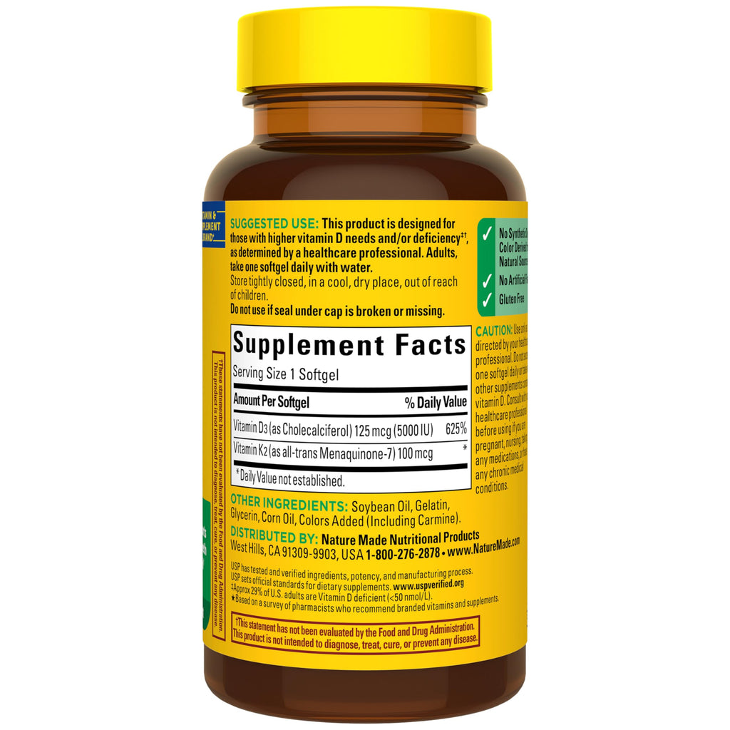 Nature Made Vitamin D3 K2 Supplement, 30 Softgels | Vitamin D 5000 IU (125 mcg) for Immune, Bone, Teeth and Muscle Health Support, 30 Day Supply