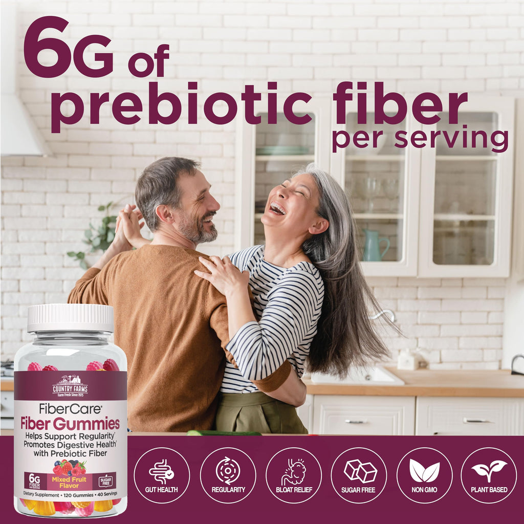 Country Farms Fiber Care Prebiotic Gummies, 6g of Fiber Per Serving, GLP-1 Booster, FOS from Beets, Digestive Health and Bloat, Supports Regularity, Mixed Fruit Flavor, 120 Gummies, 40 Servings
