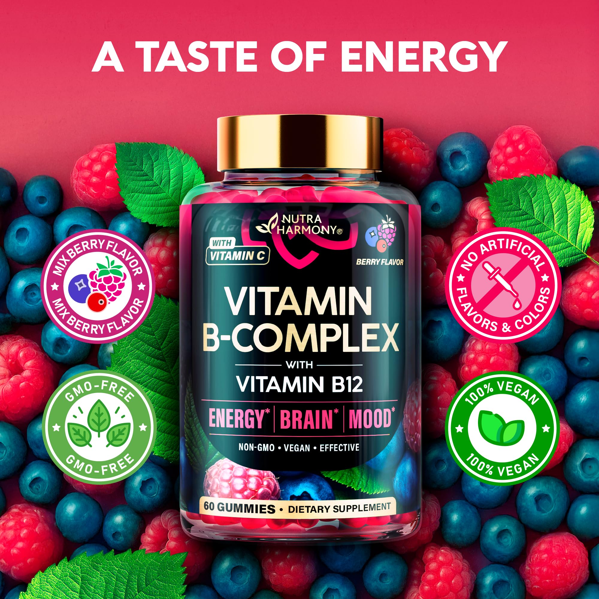 Vitamin B-Complex Gummies for Women & Men - Full B Complex & B12 - 60 Gummy | Vitamin B12, B1, B2, B3, B5, B6, B7 & B9 with Vitamin C & Choline - Energy, Brain & Mood - Natural Berry Flavor, Vegan
