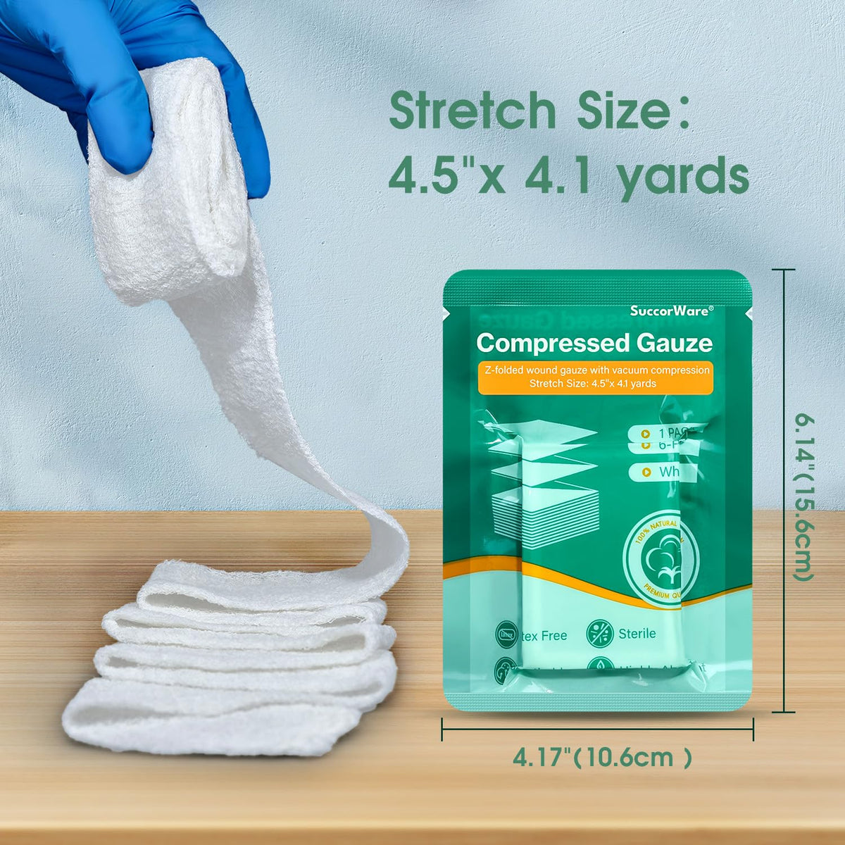 SuccorWare 8 Packs Sterile Compressed Gauze with Z-Folded - Wound Gauze for Bleed Stop, 4.5" x 4.1 Yards, 6-Ply - for First Aid Kit,Medical Trauma Kit, IFAK Supplies Refill