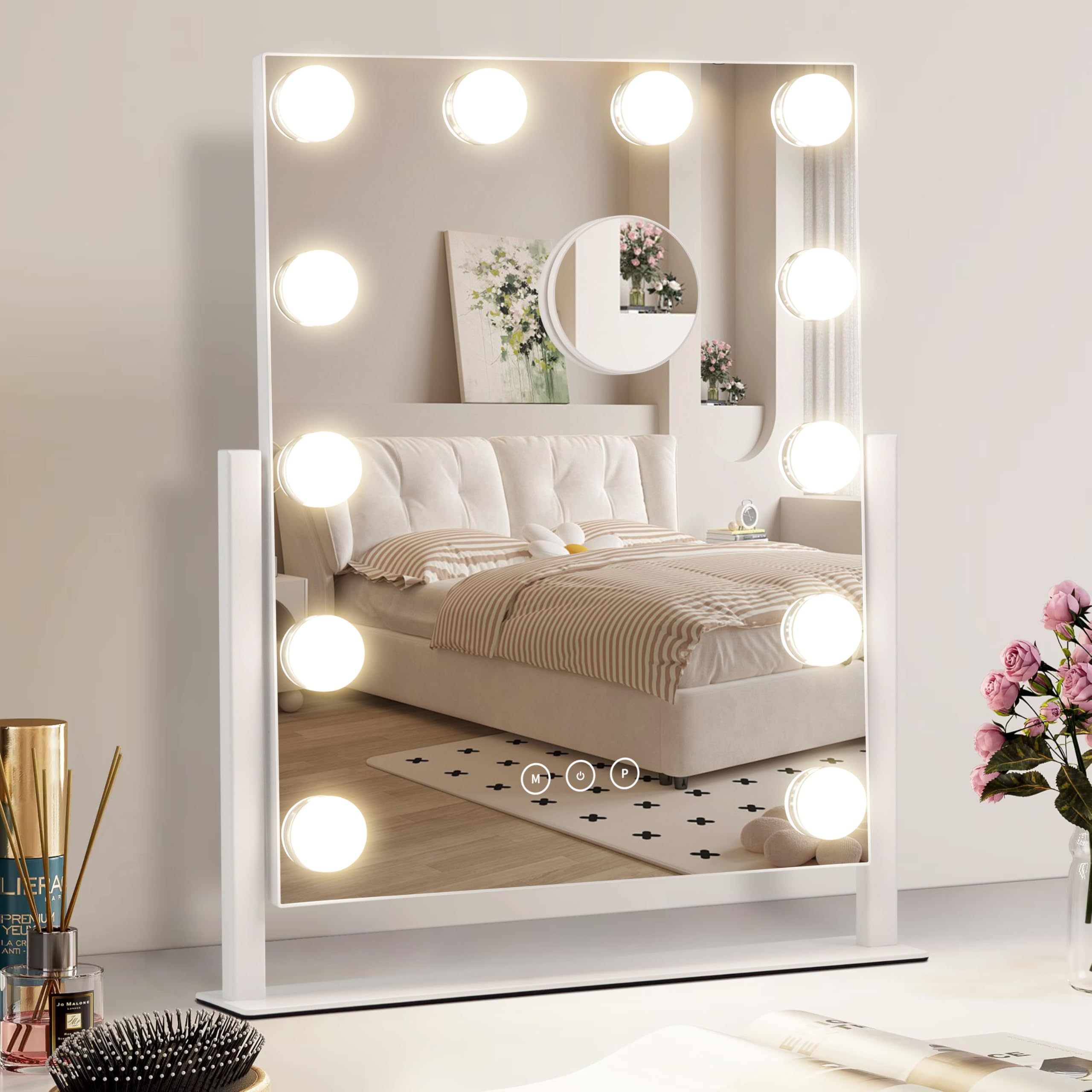 Vanity Mirror with Lights,Makeup Mirror with Lights with 9 Dimmable LED Bulbs, 3 Color Lighting Modes Detachable 10X Magnification Mirror Touch Control,360°Rotation