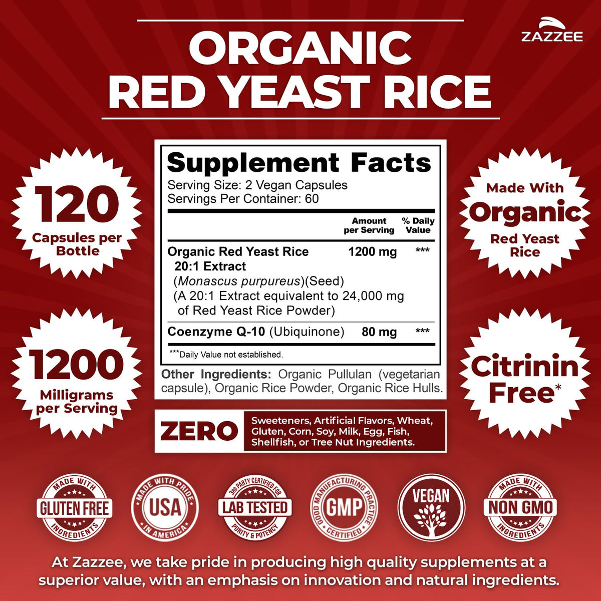 Zazzee Organic Red Yeast Rice 20:1 Extract with 80 mg CoQ10, Citrinin-Free