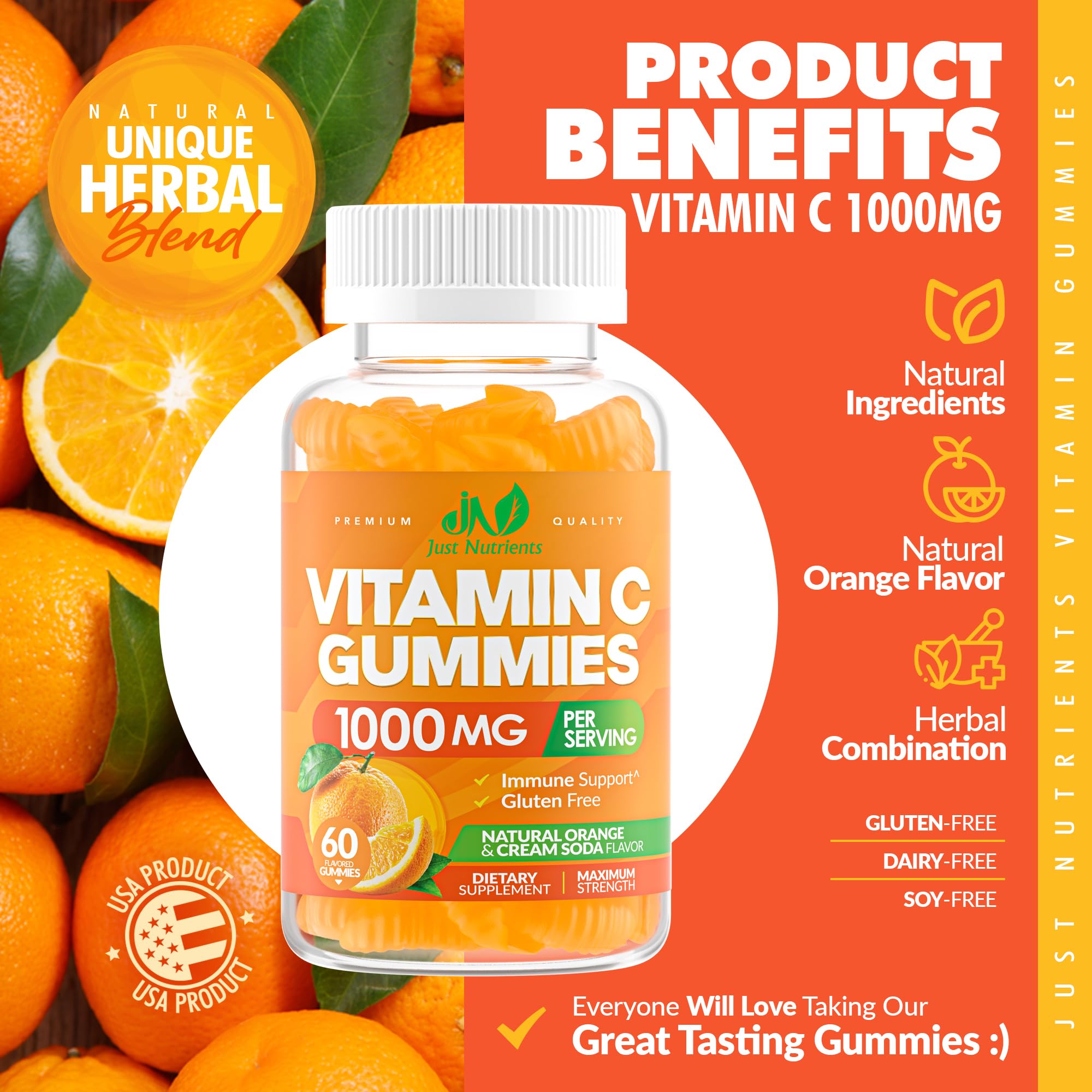 Vitamin C 1000mg Gummies – Chewable Multivitamin for Adults & Kids | Maximum Strength Immune Support with Vitamins A & E, Zinc, Magnesium & More – Natural Orange Flavor – Gluten Free, Non-GMO