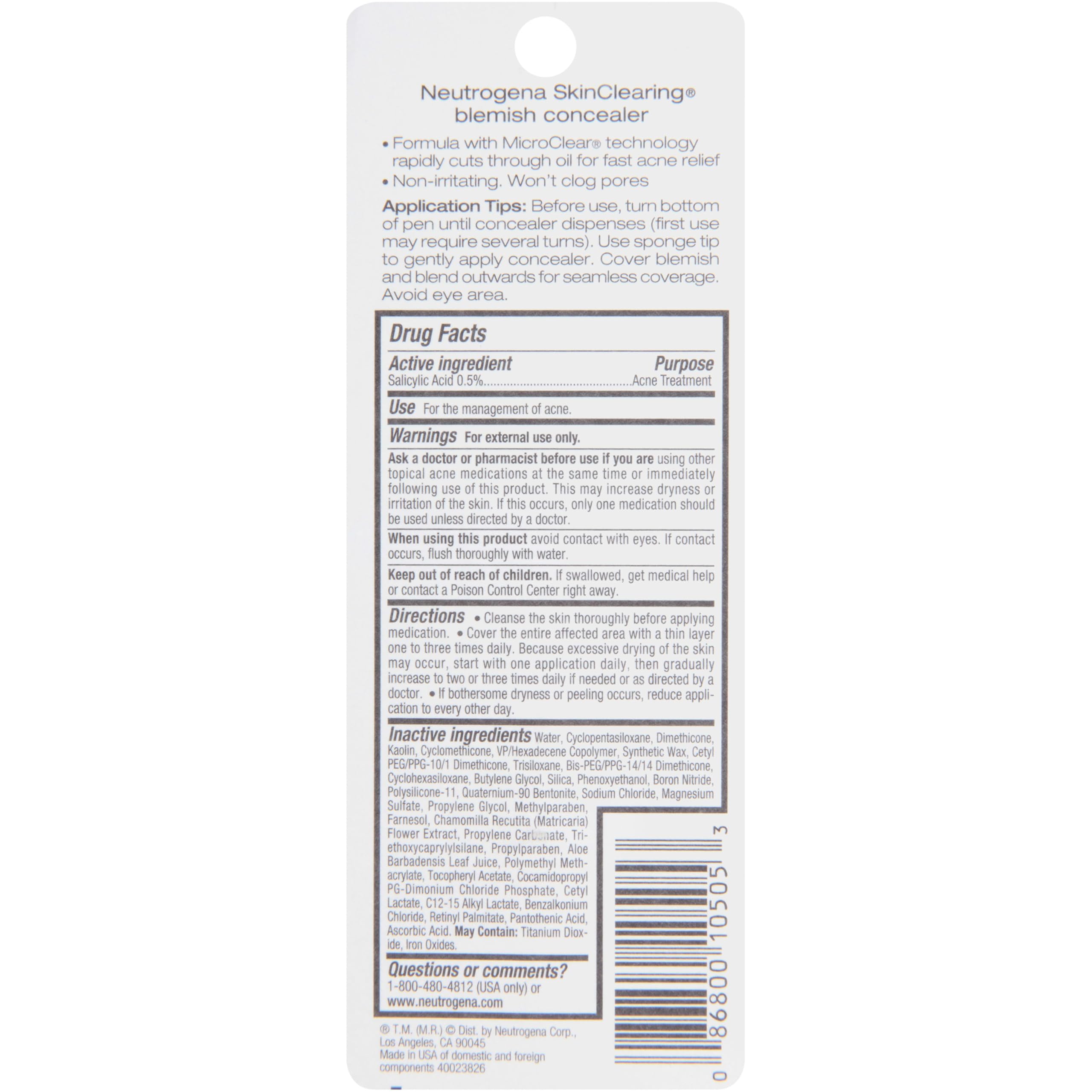 Neutrogena SkinClearing Blemish Concealer Face Makeup, Fair 05, .05 oz | Non-Comedogenic and Oil-Free Concealer Helps Cover, Treat & Prevent Breakouts