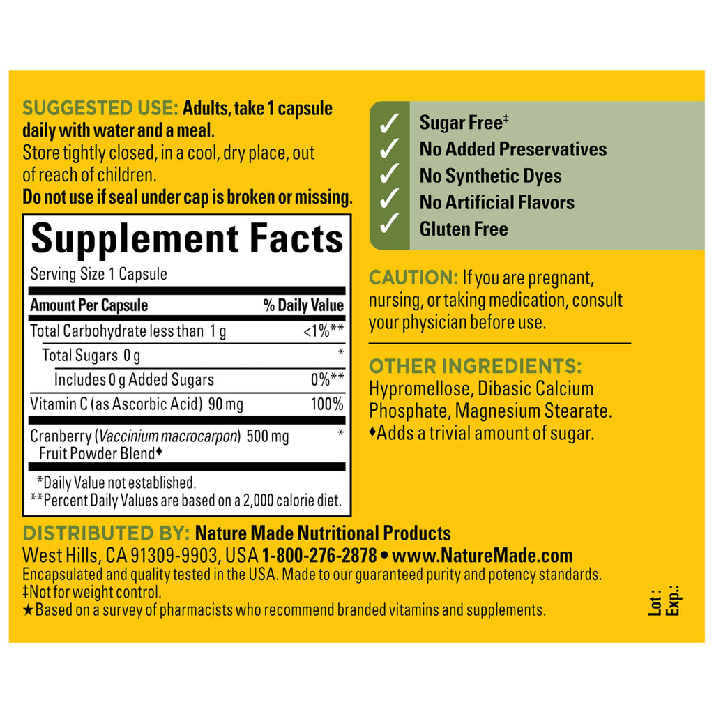 Nature Made Cranberry Supplement 500mg with Vitamin C, 60 Capsules | Cranberry Blend for Urinary Tract Health, For Immune & Antioxidant Support, Gluten Free, One Per Day, 60 Day Supply