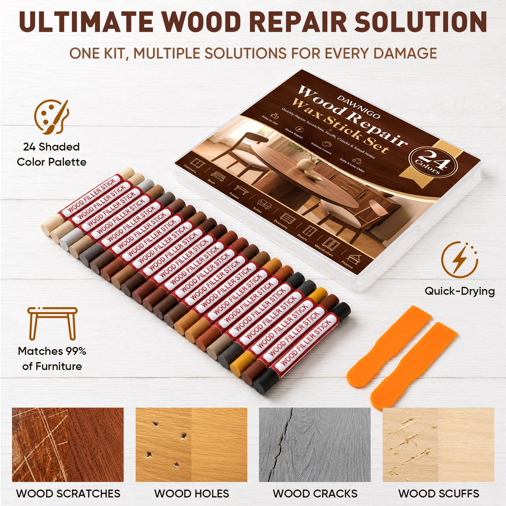 24 Colors Wood Filler Sticks, Furniture Repair Wax Crayons, Wood Floor Scratch Repair Crayon for Scratches, Scuffs, Cracks, Nail Holes & Stains on Wood Floors, Cabinets, Tables and Doors