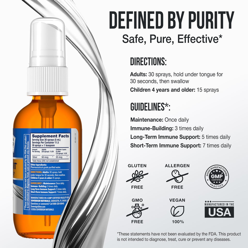 Sovereign Silver Immune Support, Colloidal Silver, Fine Mist Spray, 2 fl oz | Bio-Active Silver Hydrosol, 10 ppm