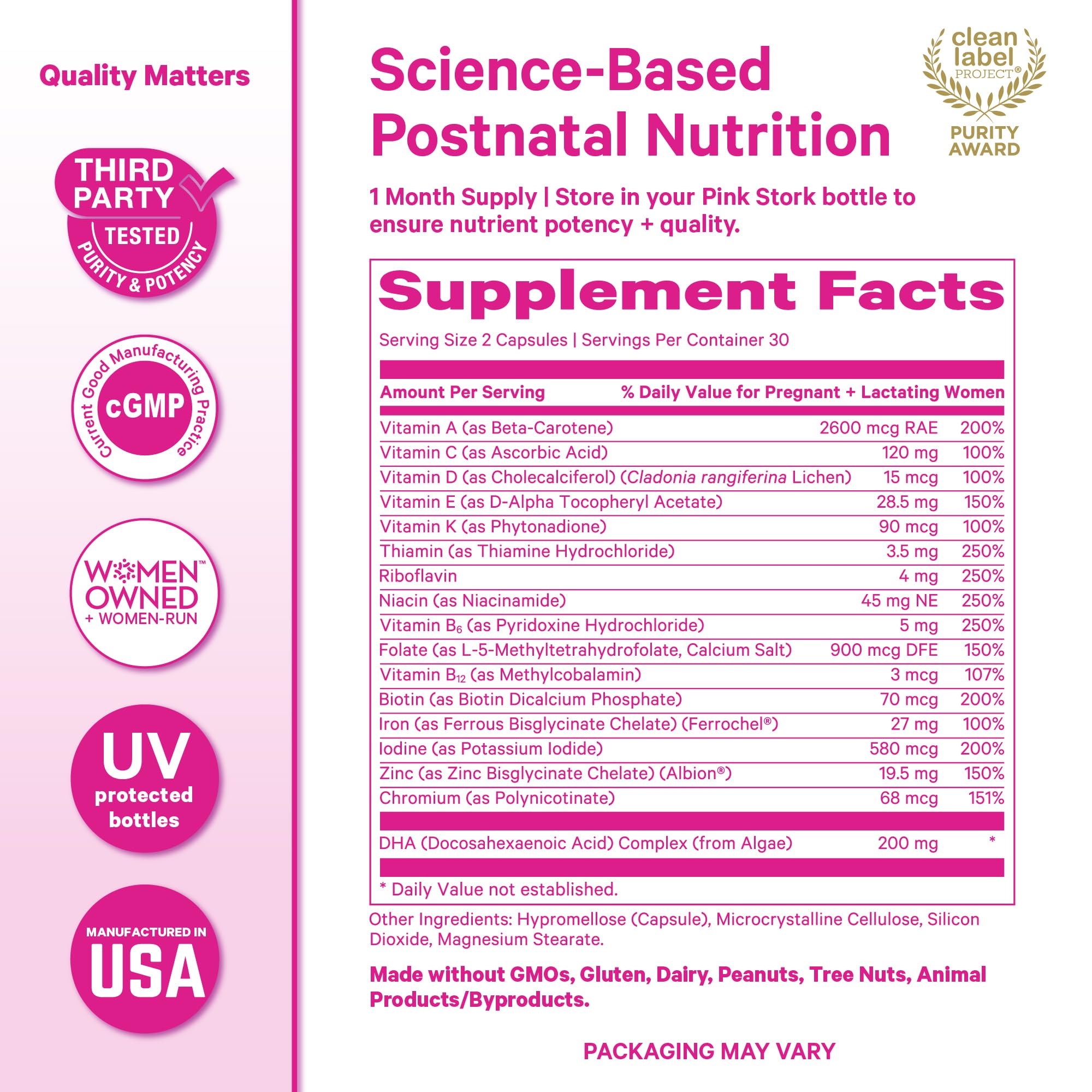 Pink Stork Total Postnatal Vitamins for Women, 60 Capsules, Berry | Clean Label Award, Vegan Algae DHA, No Fishy Burps, Methylated Folate, Iron, Gentle on Stomach, Postpartum + Lactation