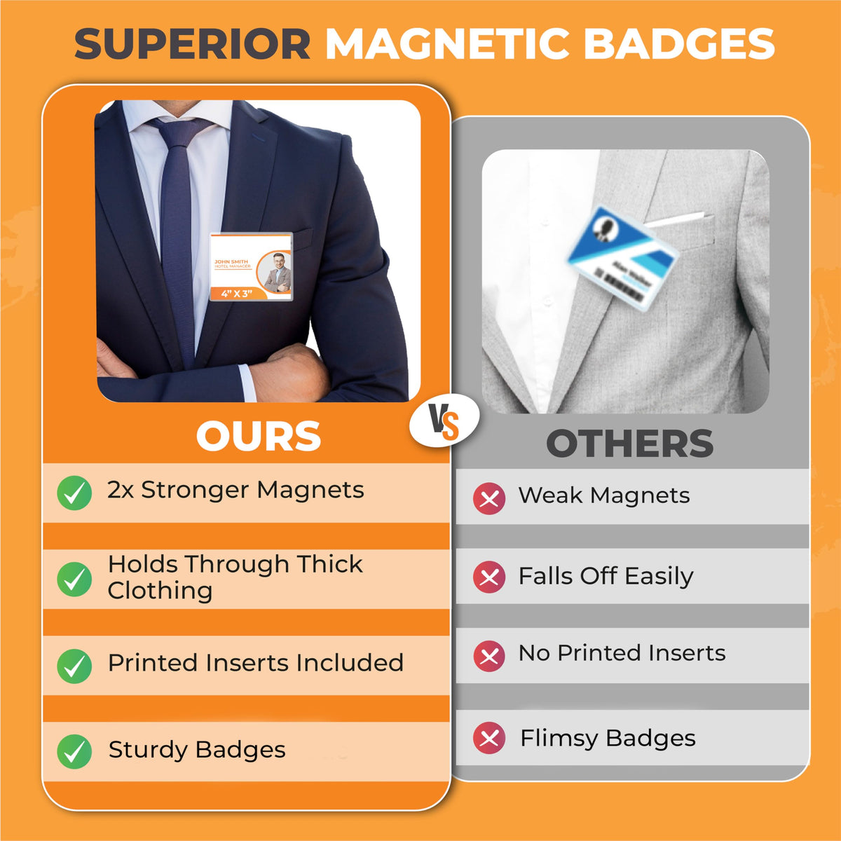 50 Pack of 4x3 Magnetic Name Badge Holders (White Printable Inserts Included) Customizable Magnetic Name Tags for Office, Conventions, School, and Events - Durable and Clear Plastic Name Tag Holder