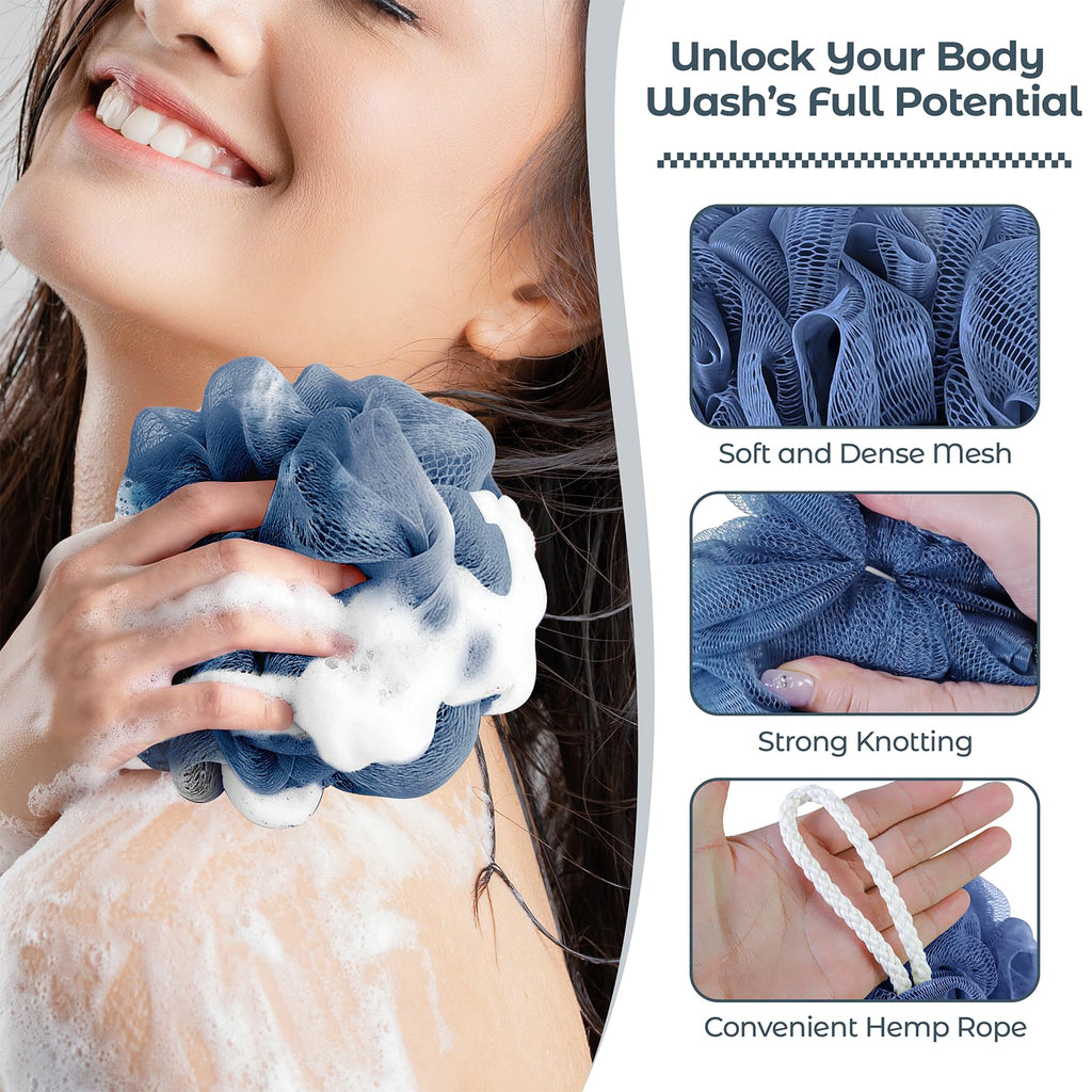 Rnoafmu Shower Loofah Bath Sponge 4 Pack, 60G Exfoliating Body Scrubber | Luffa Mesh Shower Pouf Balls for Men and Women, Rich Lather with Body Wash, Bath Accessories (Blue Gray Green Dark Green)