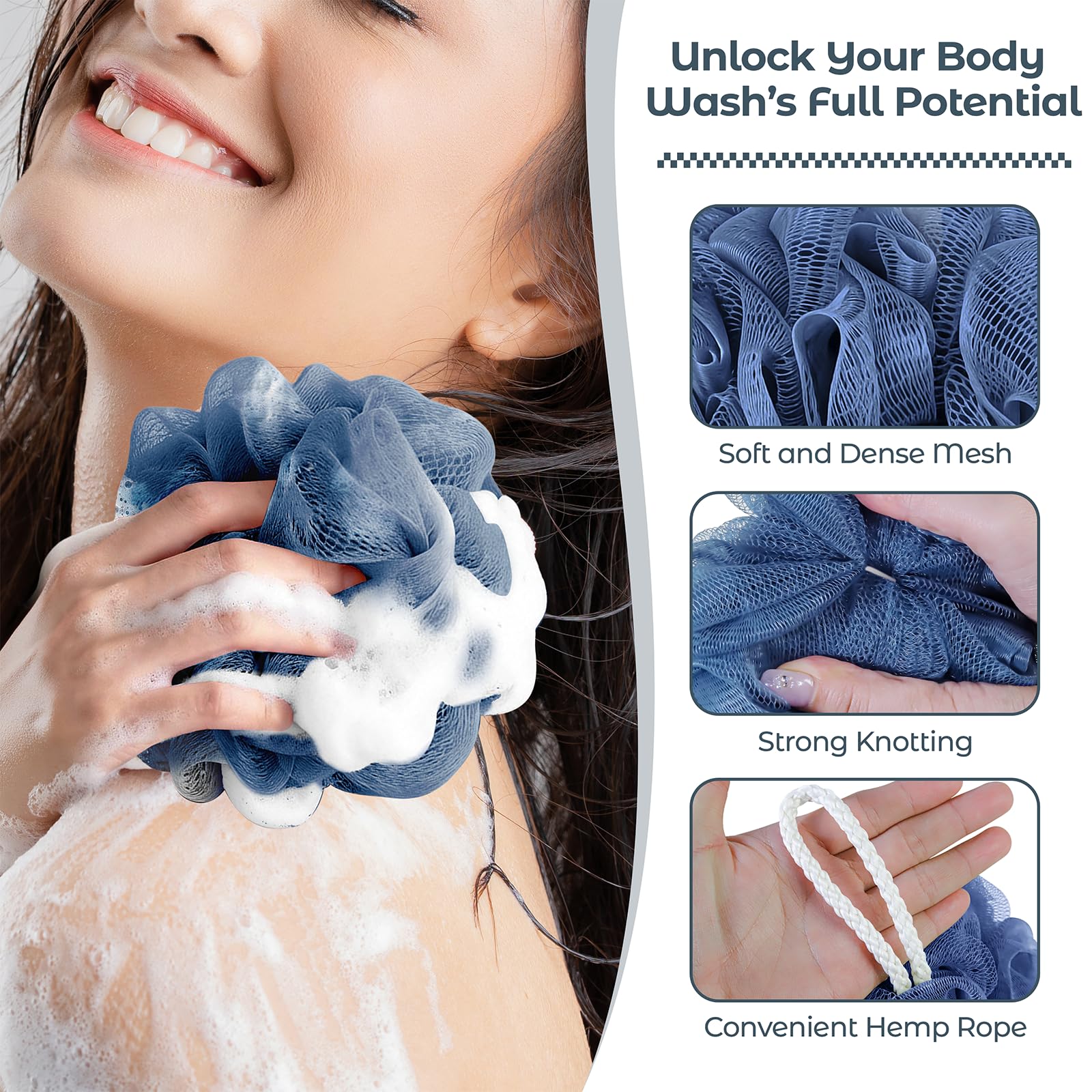 Rnoafmu Shower Loofah Bath Sponge 4 Pack, 60G Exfoliating Body Scrubber | Luffa Mesh Shower Pouf Balls for Men and Women, Rich Lather with Body Wash, Bath Accessories (Blue Gray Green Dark Green)