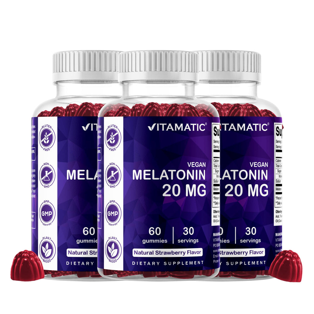 Vitamatic Melatonin 20 mg Gummies, Vegan, Strawberry, 60 Count | 20 mg Melatonin Per Serving, Promotes Relaxation & Sleep Support*, Plant-Based, Gluten Free, Non-GMO