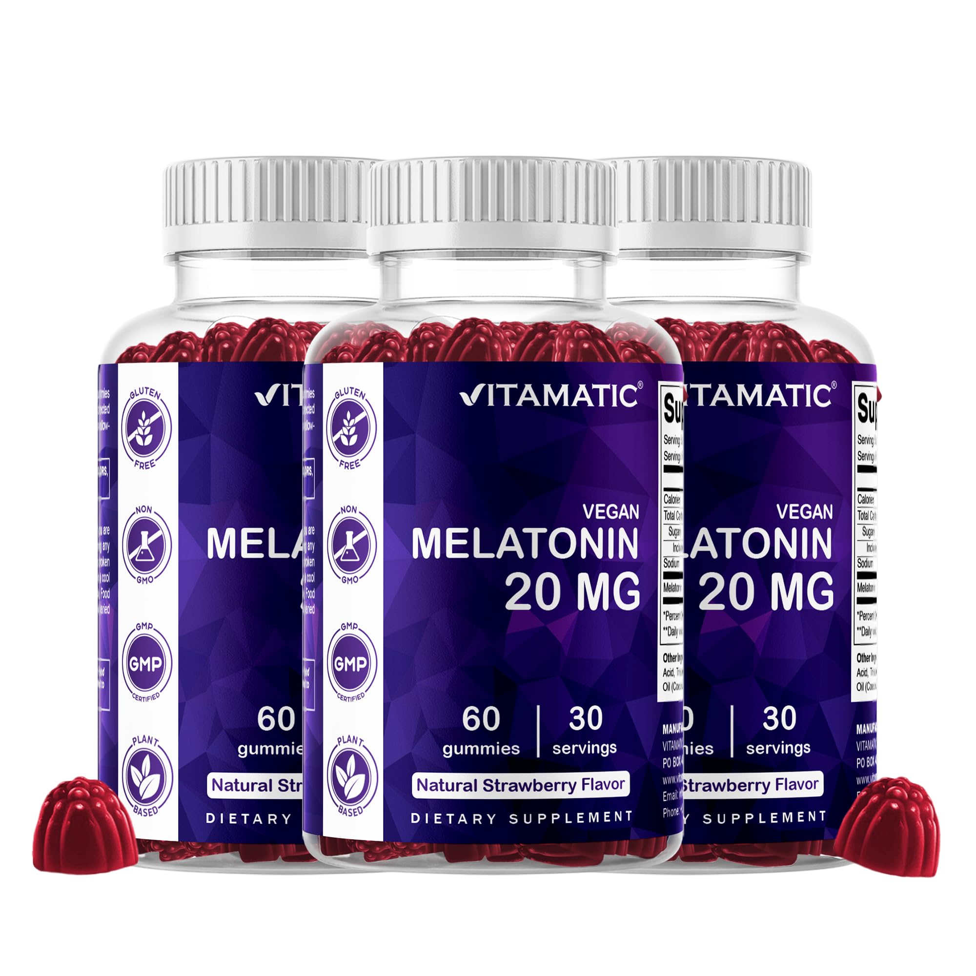 Vitamatic Melatonin 20 mg Gummies, Vegan, Strawberry, 60 Count | 20 mg Melatonin Per Serving, Promotes Relaxation & Sleep Support*, Plant-Based, Gluten Free, Non-GMO