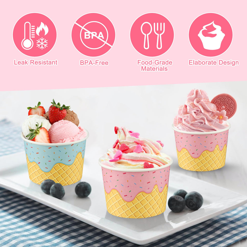 Augisteen 50 Pack Paper Ice Cream Cups 9oz Dessert Paper Bowls Disposable Ice Cream Party Bowls 2 Designs Treat Snack Cups for Hot or Cold Food Sundae Frozen Yogurt Soup Party Supplies
