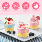 Augisteen 50 Pack Paper Ice Cream Cups 9oz Dessert Paper Bowls Disposable Ice Cream Party Bowls 2 Designs Treat Snack Cups for Hot or Cold Food Sundae Frozen Yogurt Soup Party Supplies
