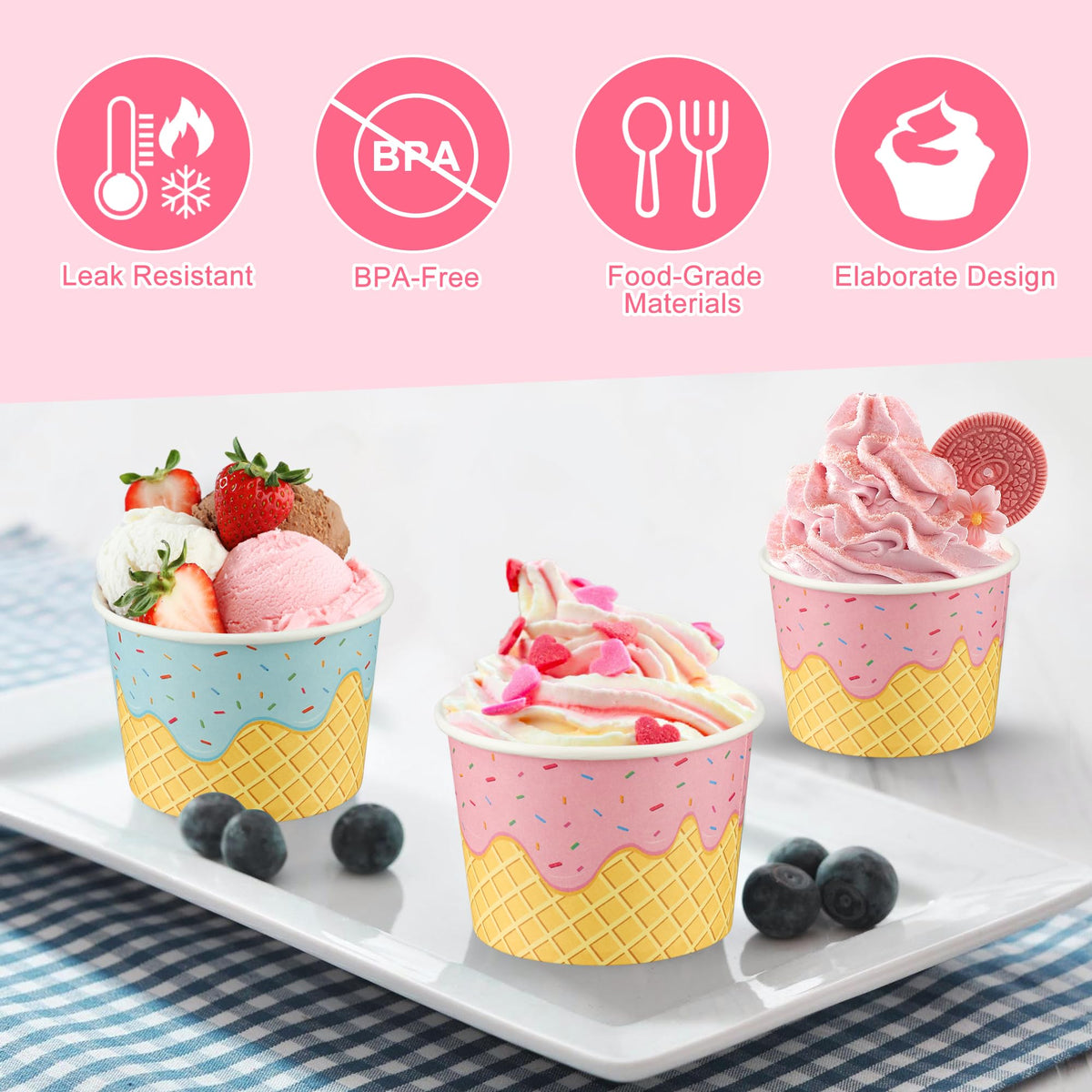 Augisteen 50 Pack Paper Ice Cream Cups 9oz Dessert Paper Bowls Disposable Ice Cream Party Bowls 2 Designs Treat Snack Cups for Hot or Cold Food Sundae Frozen Yogurt Soup Party Supplies